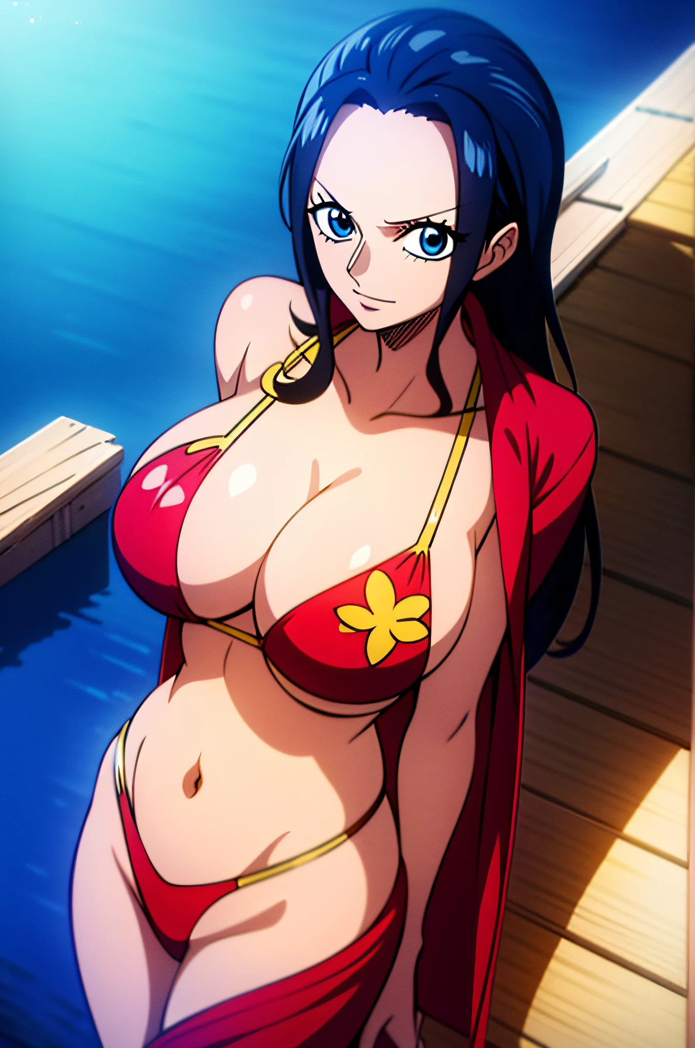 Robin de One Piece, sexy pose, What if , Elly, Red sari, 8k, anime, Shore, Big Boob, large ass, Looks sexy perfect quality eyes blue eyes standing blue bikini