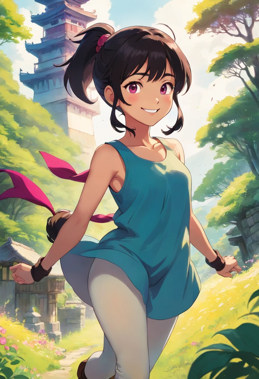 1girl, tan, happy, smile, confident, looking at viewer, upper body focus, tunic, tank top, leggings, boots, magenta eyes, black hair, big ponytail, nature, tower, blurry blackground, sunny