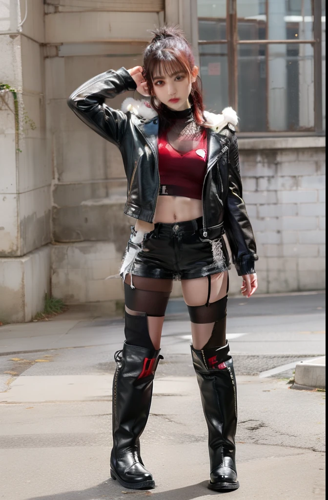 masutepiece, Best Quality, hight resolution, LU1, cyborgs, multicolored hair, makeup, Bare shoulders, Black Leotard, highleg leotard, (thong:1.1), White jacket, Open jacket, Belt bag, Shorts, Cowboy Shot, Cyberpunk, Squatting, walls, Abs, woman sitting facing forward , Cyberpunk, cybercore, Armpit