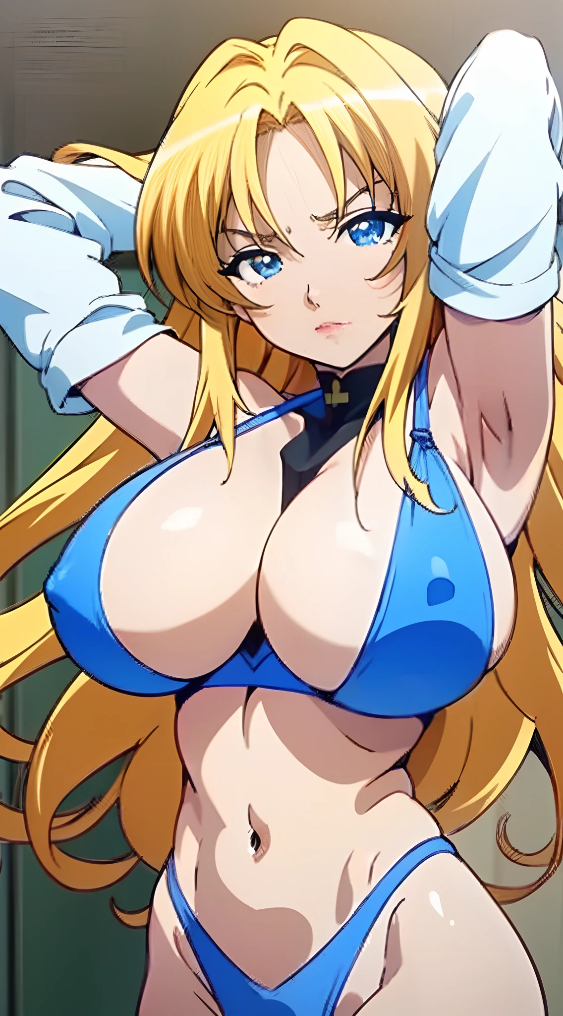 " ((All briefs and bra body visible)), (arms above head),(" wife room background "), flexing eyes form:"(blue eyes), (long blonde hair), (huge tits),(masterpiece anime face ),(1girl),(realistic), (masterpiece eyes detailed) ,( (Detailed anime eyes), (Anime eyes fine details), (Huge anime eyes)"