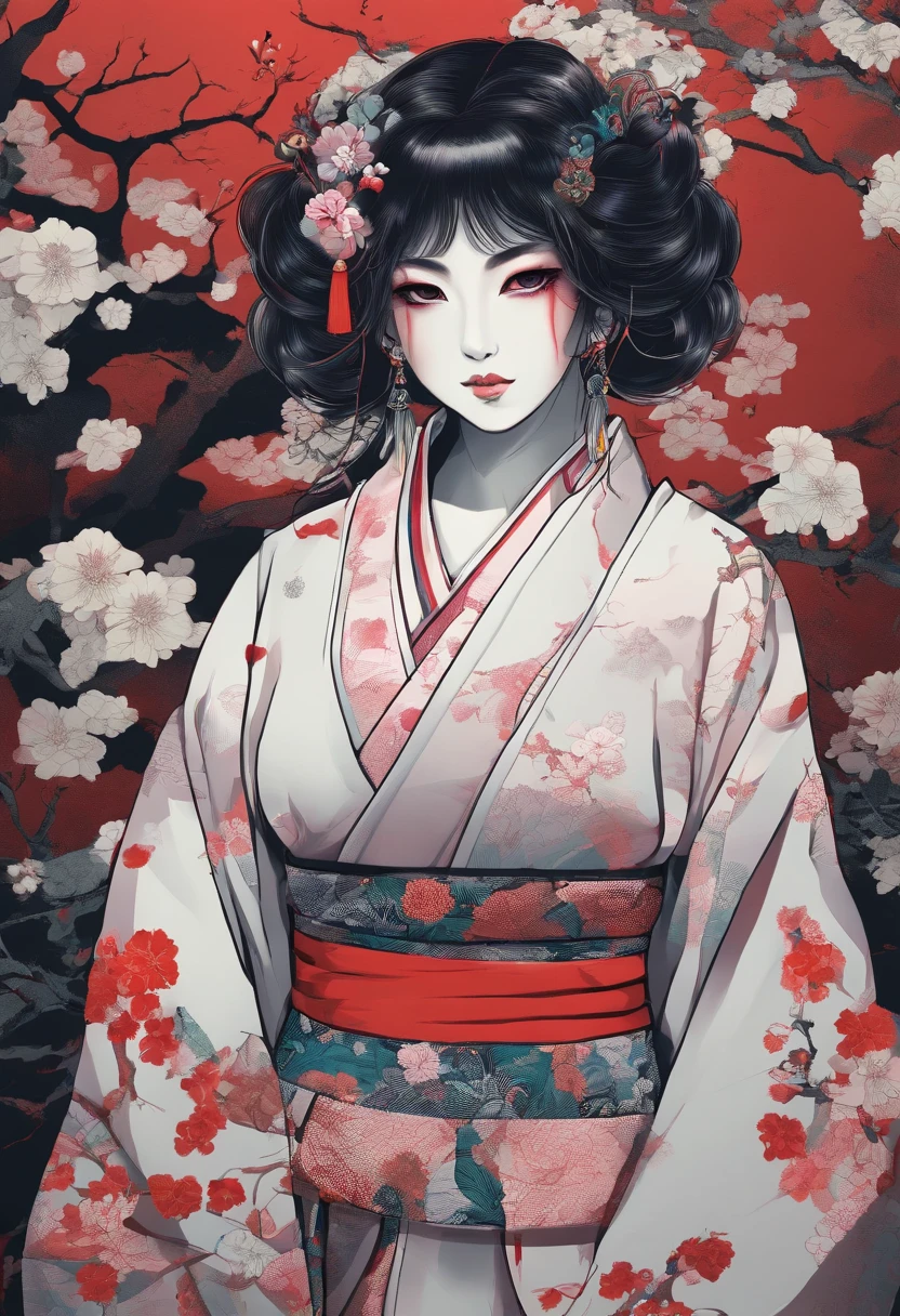 horror dark horror (best quality,4k,8k,highres,masterpiece:1.2),ultra-detailed,realistic, fullbody traditional japanese porcelain geisha She's adorned in loose-fitting, edgy streetwear that screams westside gang hip-hop swagger. fashion shoot editorial style