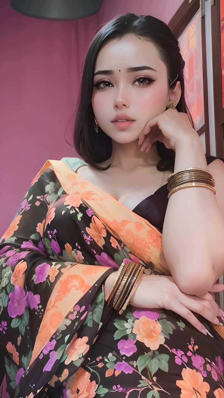 Beautiful girl anime with saree ,realistic smooth skin