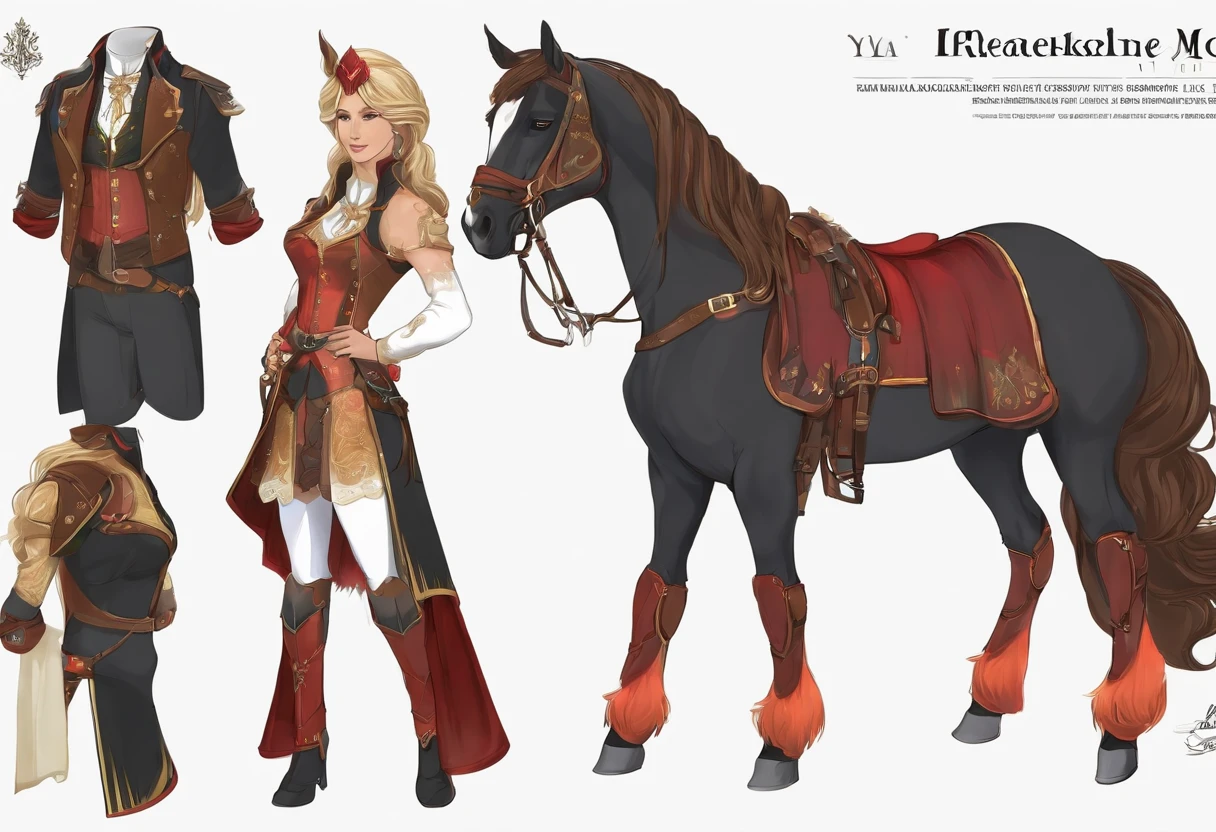 Fantasy style costume design table for horseback riding outfit, front and back view, Kneeling layout with multiple parts, Color sensation, Colorful, 2D, sticker art, Anime Academy, Highly detailed