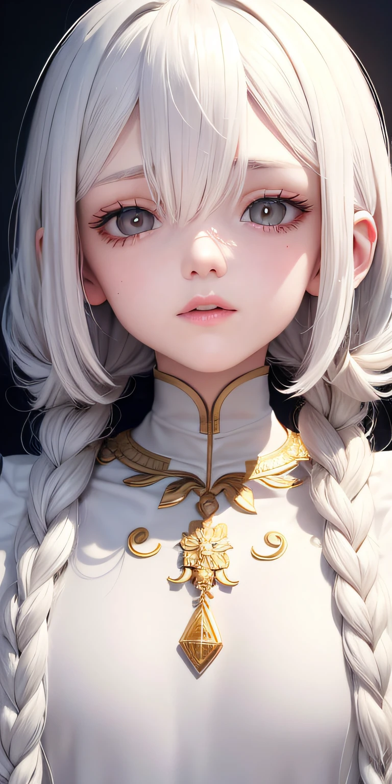 best quality, masterpiece,white hair, gold eyes,white clothes, looking up, upper body,hair strand,Fair skin,side braids