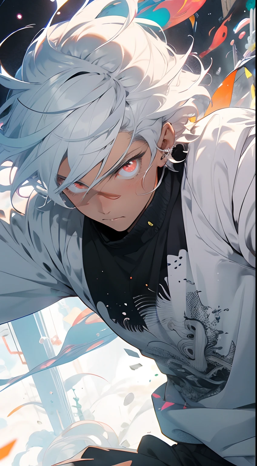 realisticlying,(tmasterpiece,top Quority,best qualtiy,offcial art,Beauty and aesthetics:1.2),The is very detailed,s fractal art,Colorful,Most detailed,zentangle,(abstract backgrounds:1.5)(1boys:1.3),Kamimei,White color hair,short detailed hair,(luminous red eyes),mistic,(magia),火焰,Handsome man