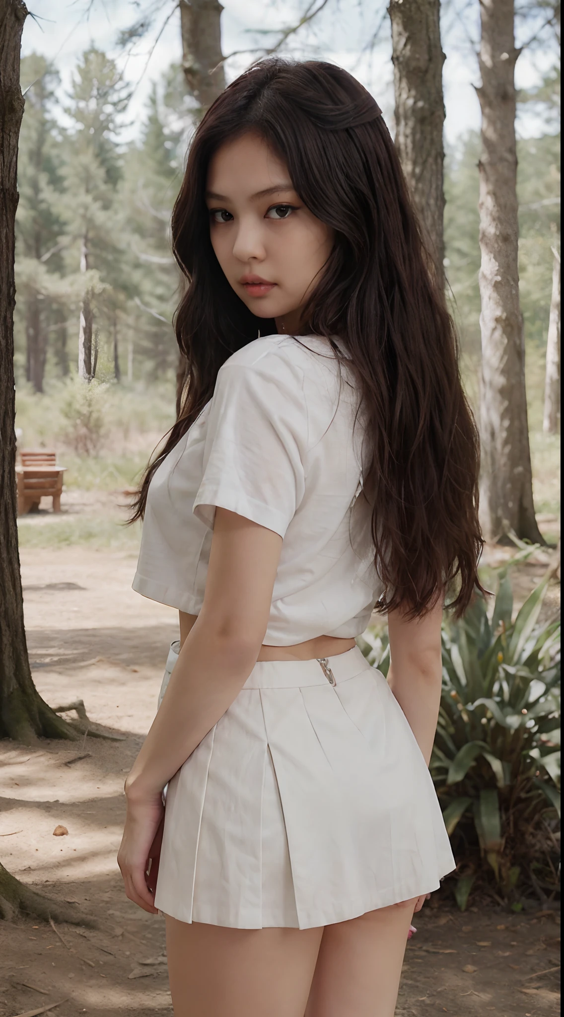 ((Jennie Blackpink)), tiny white t-shirt, tiny blue pleated skirt, vagina showing, black high heels, close-up from thighs to face, shot from below, very fair skin, very long hair, wavy hair, camping, Forest, photorealistic, Indirect lighting, volumetric light, ray tracing, hyper-detailed, best quality, very high resolution, HDR, 8k