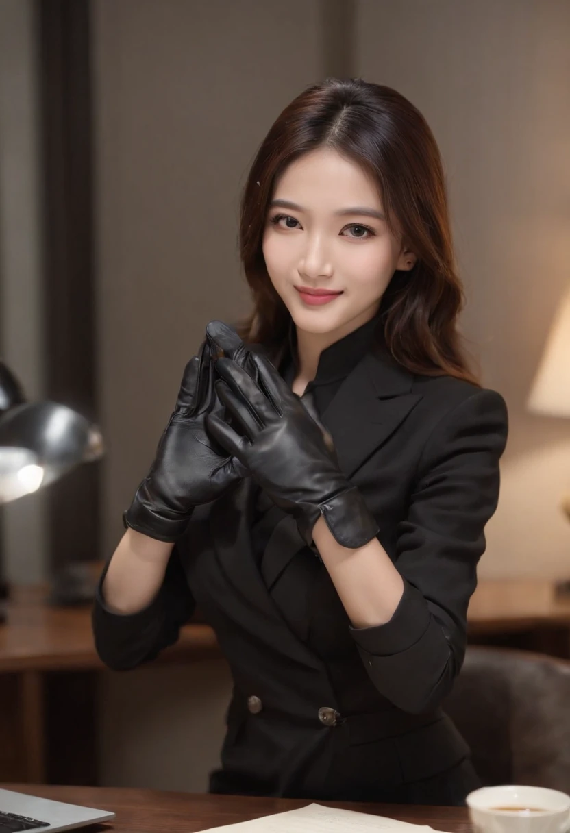 Wearing black leather gloves on both hands, Upper body, Black business suit, Facing the desk in my room with a computer in the dark, Look down and smile, Use a fountain pen to write a letter, Black hair was tied back for a long time, Still young and very cute Japan female new employee (Black leather gloves cover both hands)Gentle smile looking at the camera、Black leather gloves to do the job
