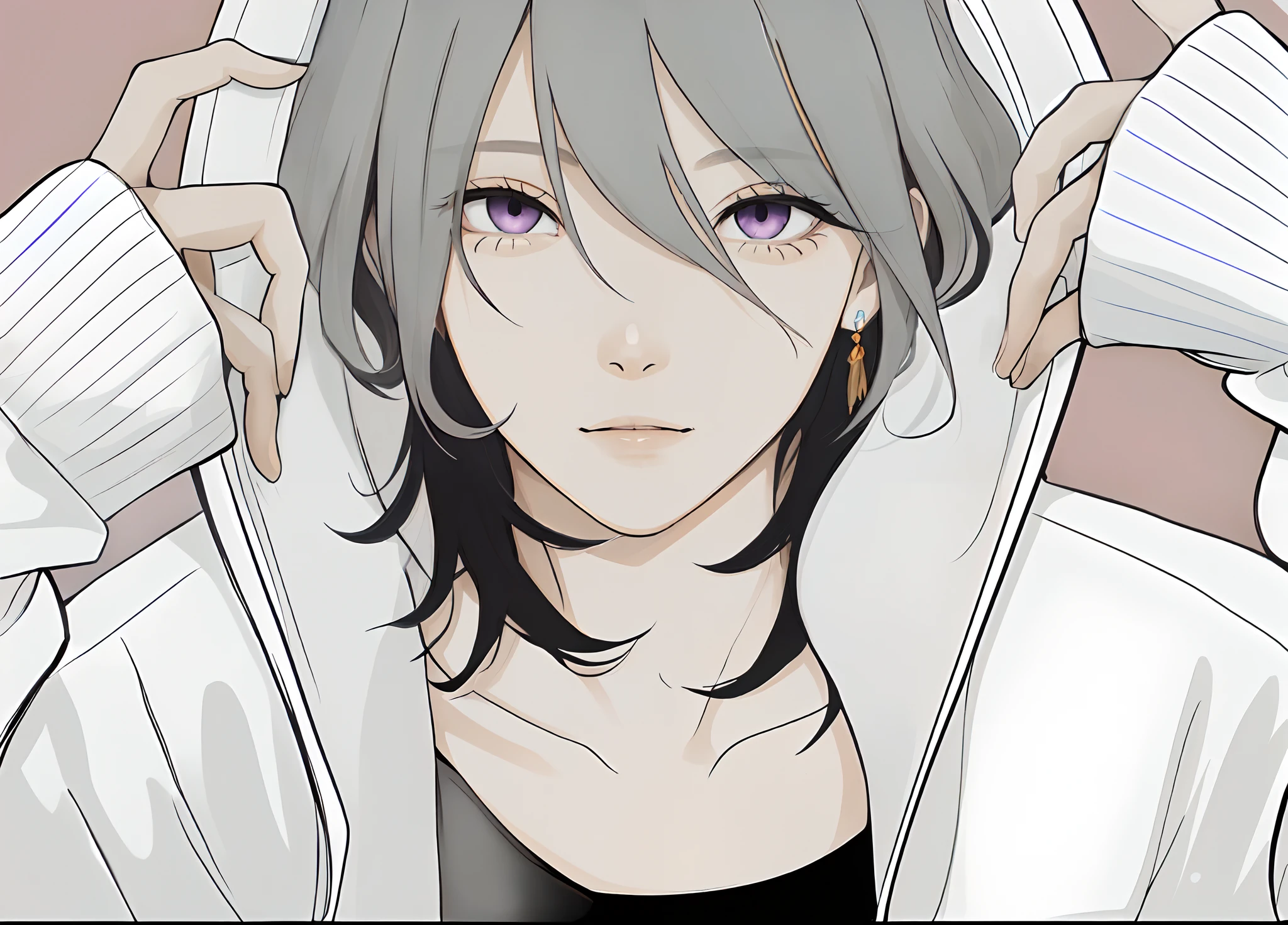 ojos amarillos, ((ojos dorados: 8.0)), ((mirada intensa)), ((disdain)), ((desprecio)), ((Expression of haughtiness and arrogance)), ((aires de superioridad: 8.0)), ((cabello blanco)), Piercings en las orejas, ((light purple gradient on the bottom of the hair)), ((rasgos faciales delicados)), ((atractivo)), ((masculino)), Cabello suave, dientes afilados, molestia, ((una deja arqueada)), (sonrisa traviesa)
