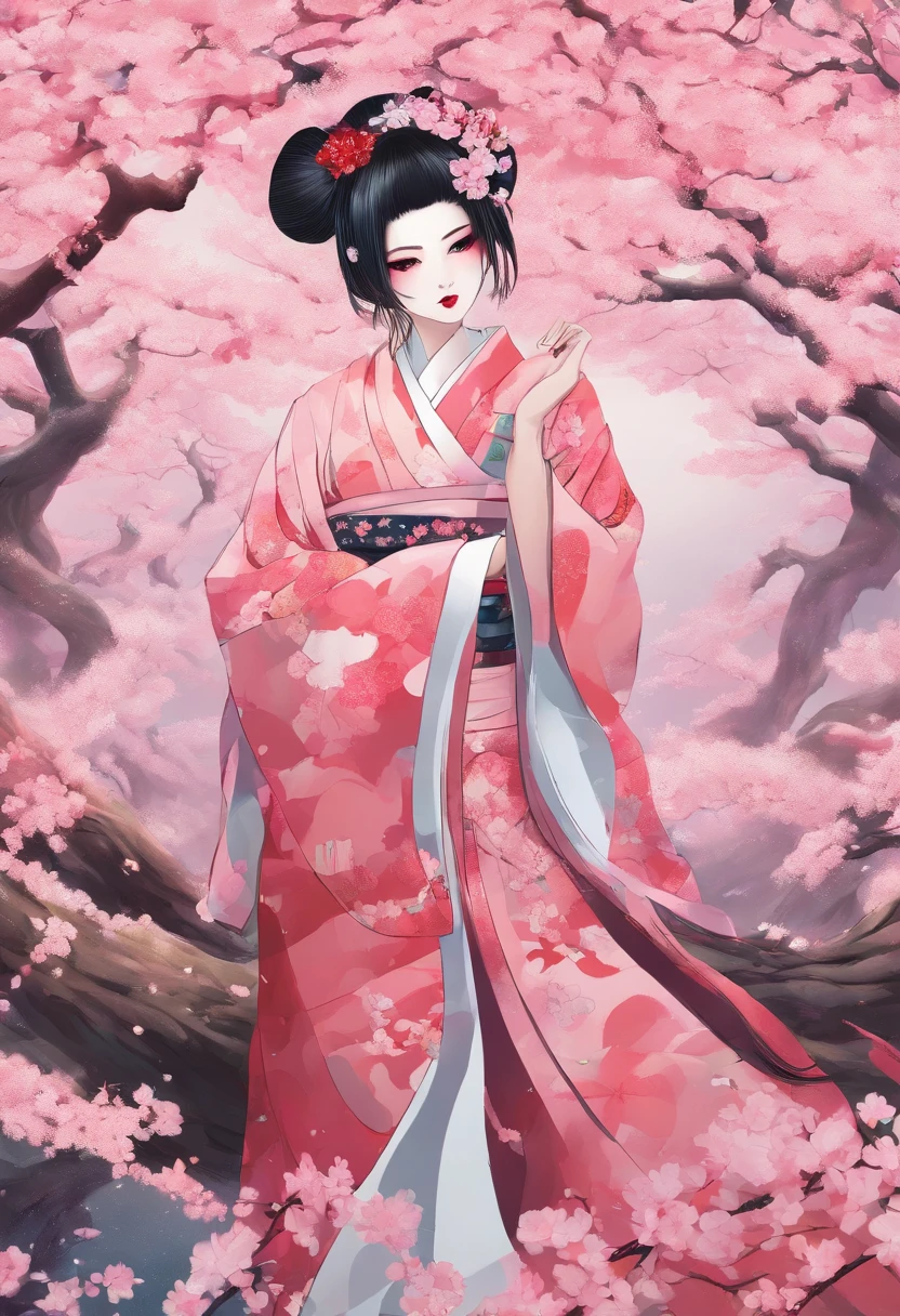 traditional japanese geisha skinhead, hairpunk, fashion shoot editorial style, Hypebeast ultra fast fashion gang signs cherry blossom cherry tree petles