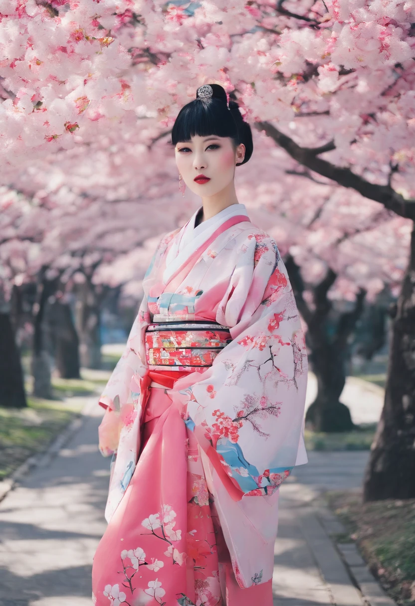 traditional japanese geisha skinhead, hairpunk, fashion shoot editorial style, Hypebeast ultra fast fashion gang signs cherry blossom cherry tree petles