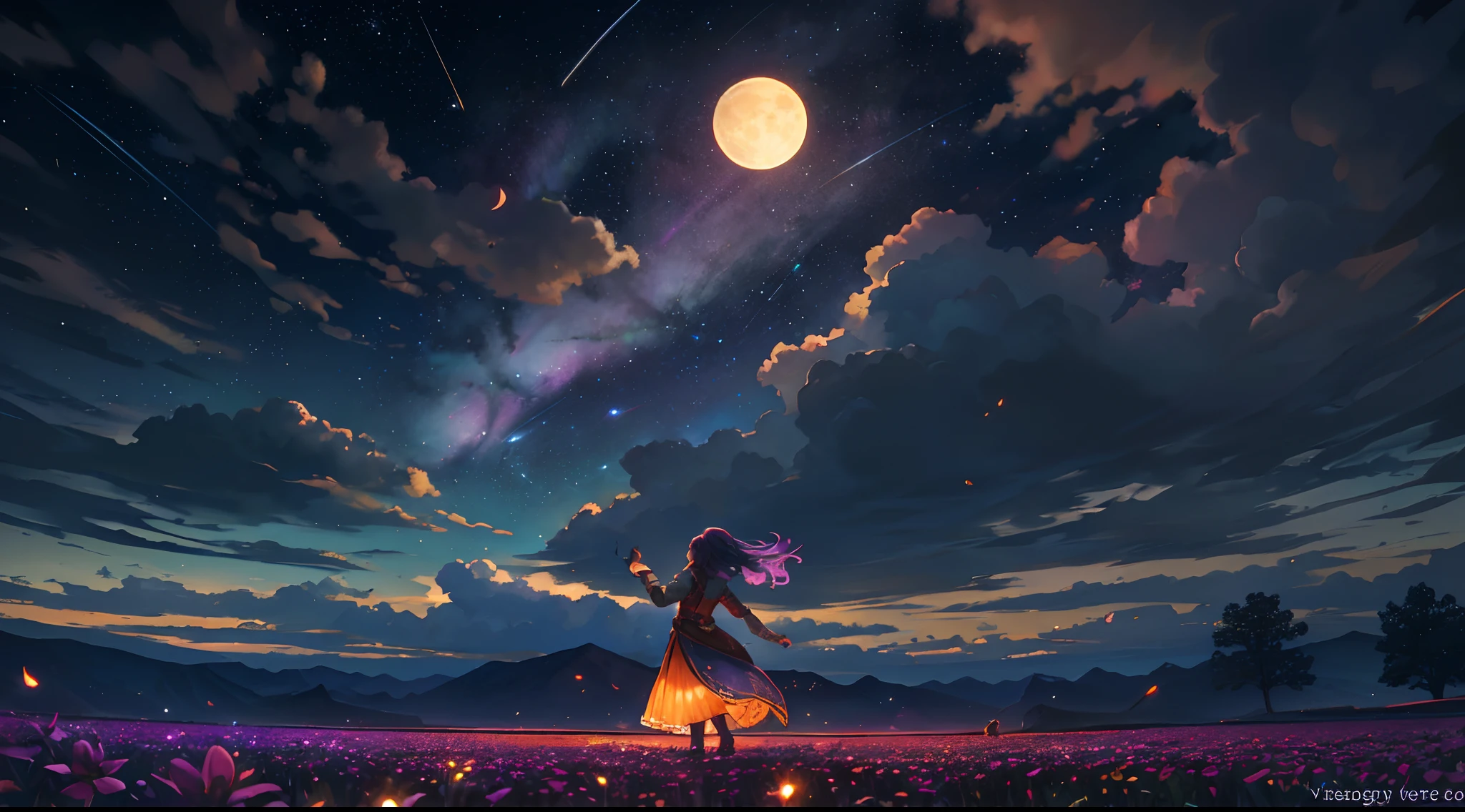 Vast landscape photo, (viewed from below, the sky is above and the open field is below), a girl standing on a flower field looking up, (full moon: 1.2), (meteor: 0.9), (nebula: 1.3), distant mountains , Trees BREAK Crafting Art, (Warm Light: 1.2), (Fireflies: 1.2), Lights, Lots of Purple and Orange, Intricate Details, Volumetric Lighting, Realism BREAK (Masterpiece: 1.2), (Best Quality), 4k, Ultra-Detailed, (Dynamic Composition: 1.4), Very Detailed, Colorful Details, (Rainbow Colors: 1.2), (Glow Lighting, Atmospheric Lighting), Dreamy, Magical, (Solo: 1.2)