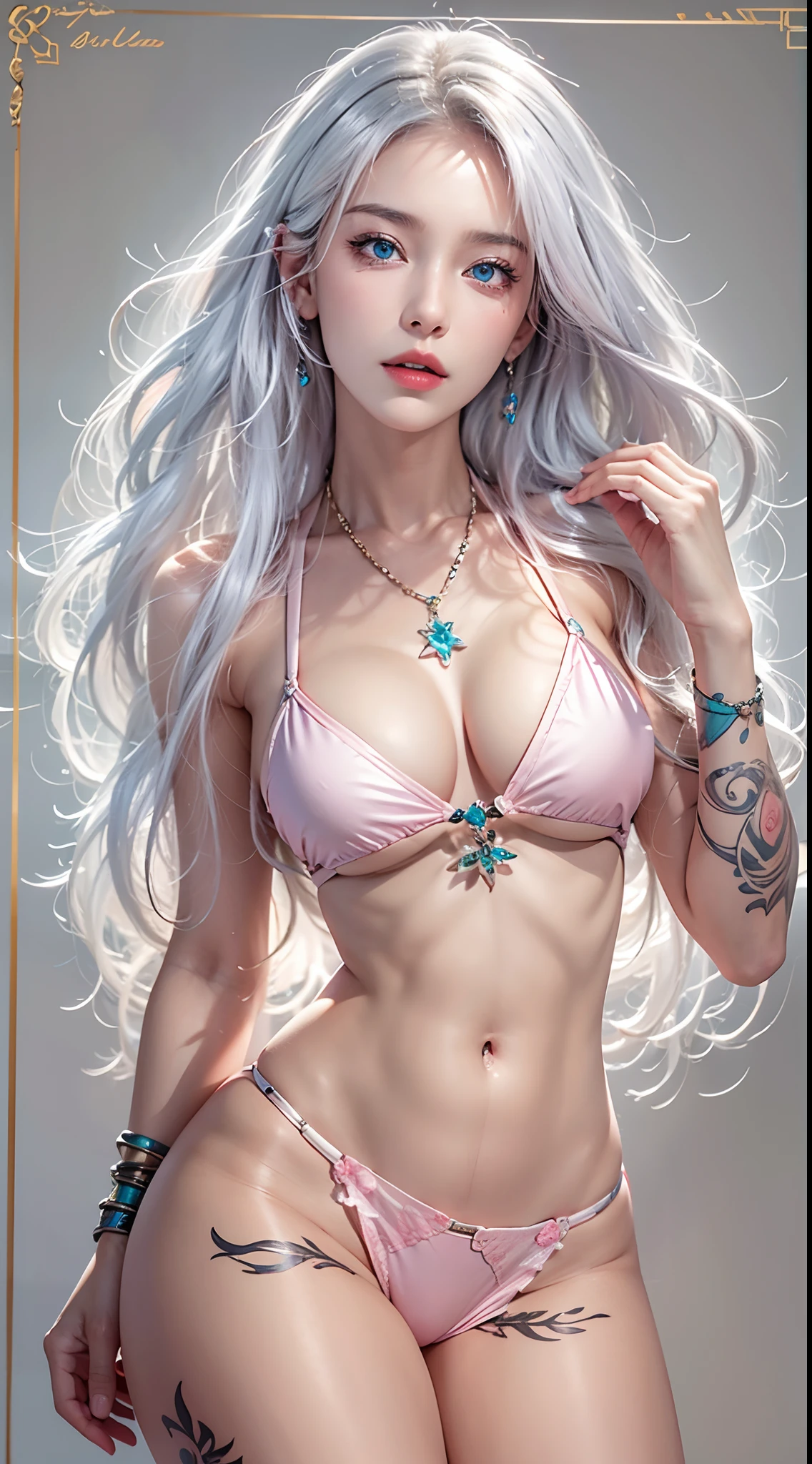 photorealistic, high resolution, soft lights, 1women, 25 years old, solo, hips up, blue eyes, white hair, long hair, pink lips, micro bikini, hips up, jewelry, tattoo