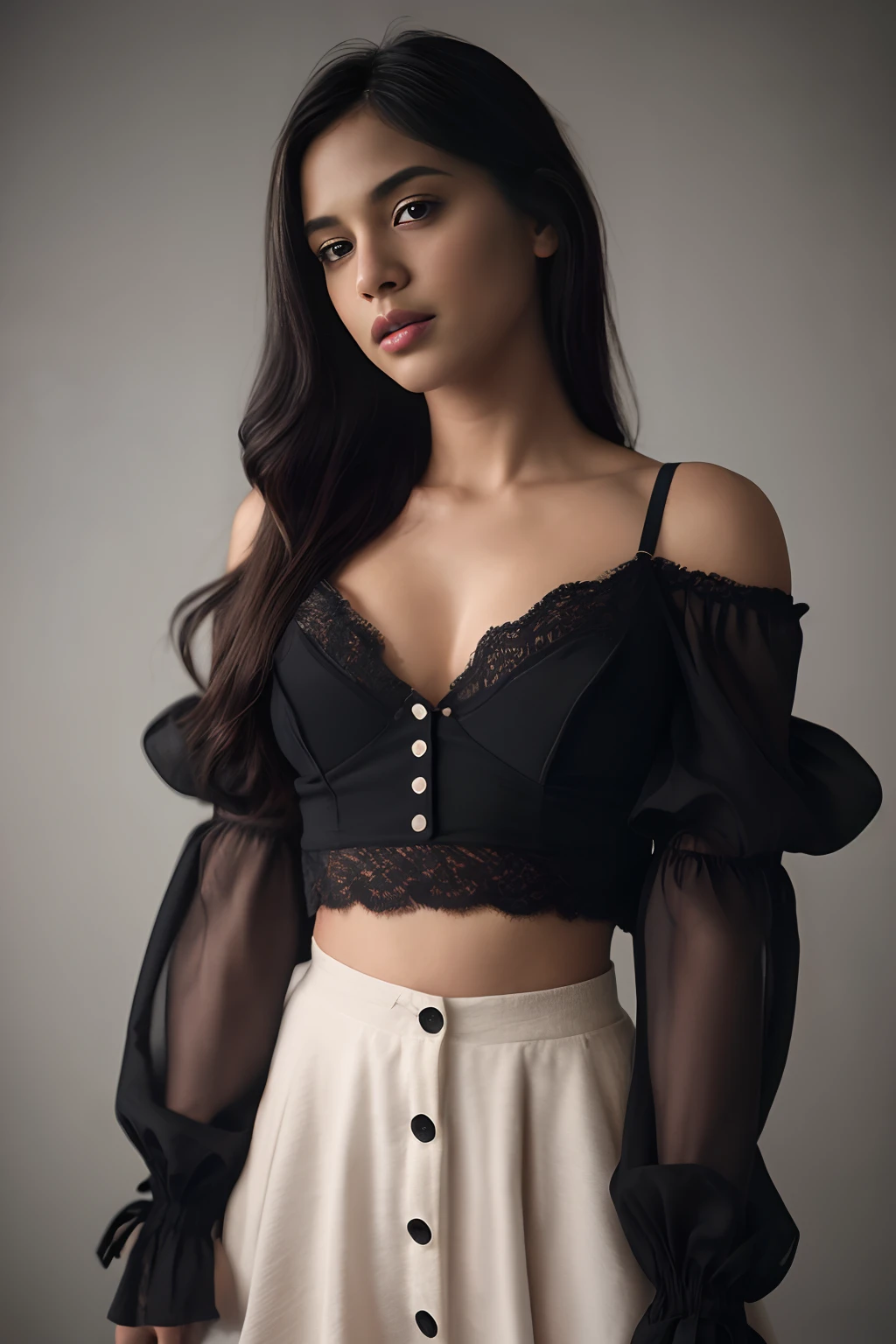 (editorial photograph of a young Indian woman), karla ortiz, (highly detailed face:1.4) (smile:0.7) (background party, night time , moody, private study:1.3) POV, by lee jeffries, nikon d850, film stock photograph ,4 kodak portra 400 ,camera f1.6 lens ,rich colors ,hyper realistic ,lifelike texture, dramatic lighting , cinestill 800, realistic, wearing black V-Neck Bishop Sleeves Lace Inserts Bralette Crop Top Long, bishop sleeves, Woven chiffon, Lace inserts detail, Button closure, with a short black skirt  actress, karla ortiz, posing!!, candid picture, by Max Dauthendey, slight clevage, navel,  brown skin colour, long oval face shape, long thick hair, black hair