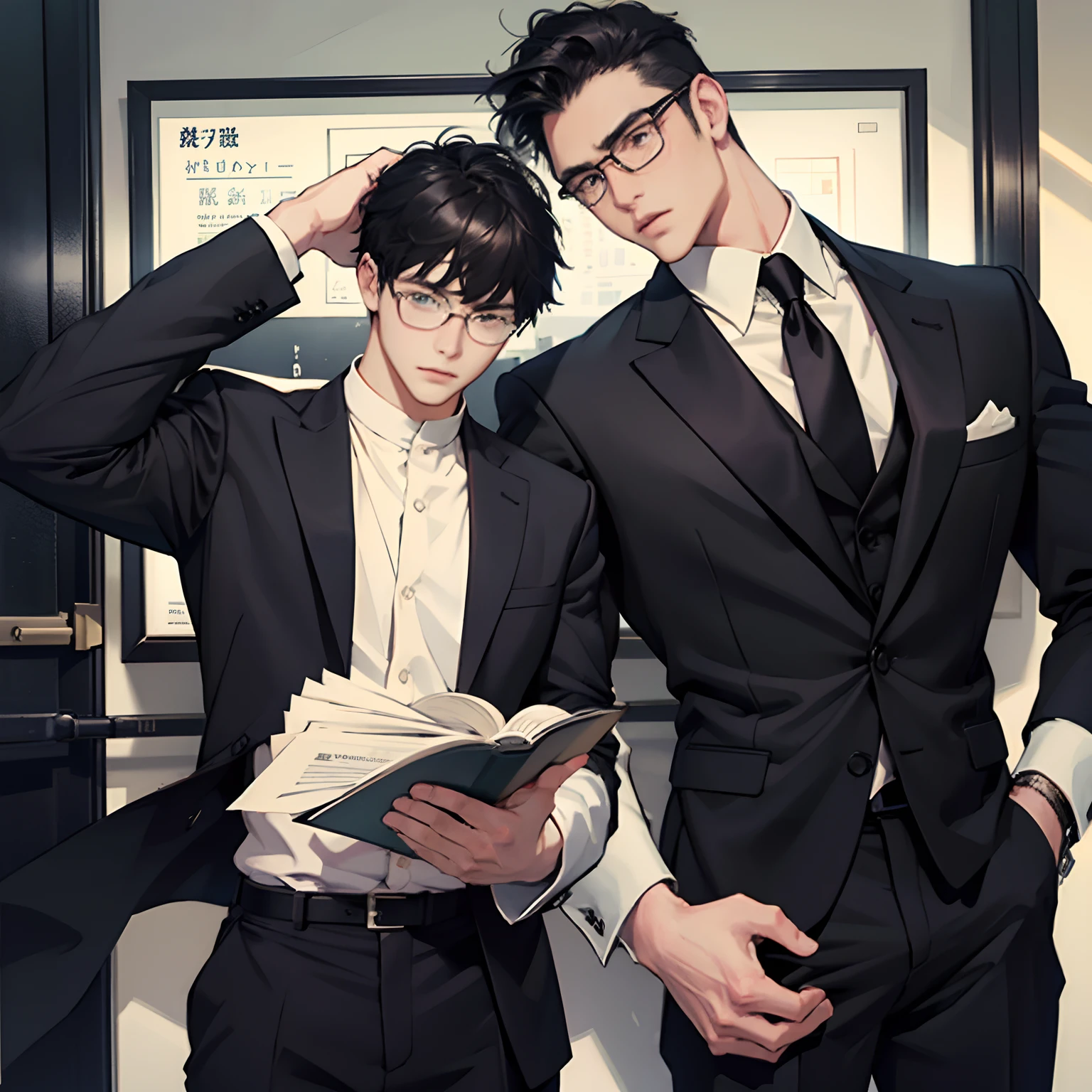 2 males、One person has glasses、suits、Middle age、Hanging eyes、The other is a young man、drooing eyes、Black hair and very short hair、