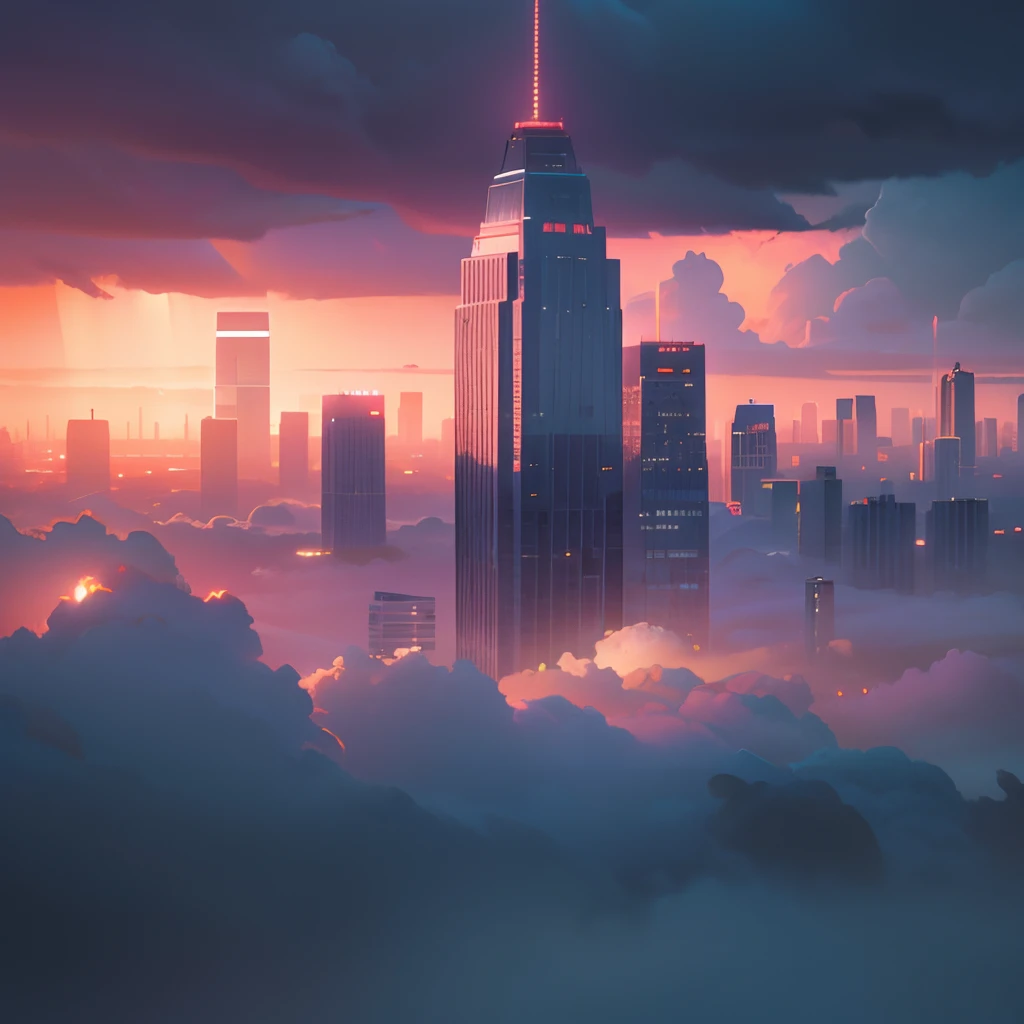 A stormy sky over a extremely detailed cityscape with tall buildings, Tilting, Negative Space, separation light, high key masterpiece, realistic, award winning, volumetric light and fog, neon palette, subsurface scattering, caustics, bloom, perfect exposure, perfect composition, rule of thirds, 8k, hdr10, cinematic, breathtaking, ray tracing