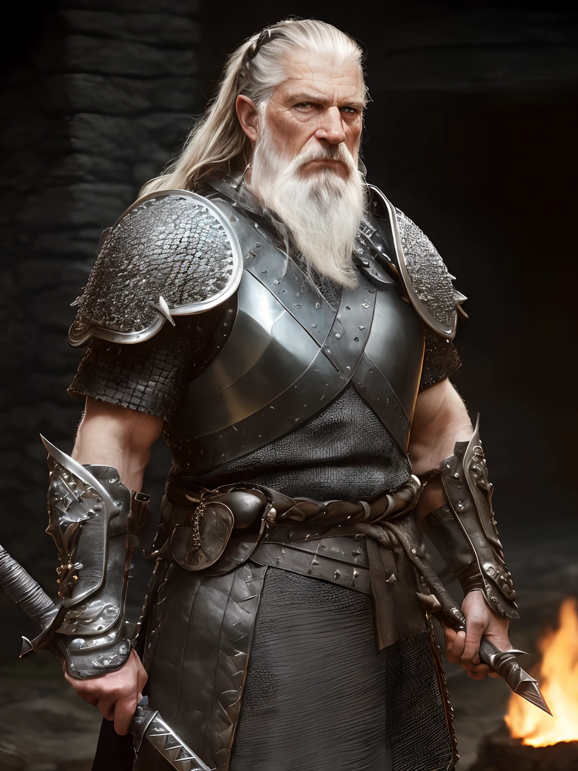 (Highest quality:1.3), cinematic shot, masterpiece, (sharp focus:1.5), (photorealistic:1.3),  medium portrait of (a weary-looking but still proud and fierce-looking old Viking warrior, now the leader of his village, dressed in elaborately detailed chain mail and leather armour, a few torches burn on the walls, giving the scene a dark atmosphere but sculpting the forms in sharp chiaroscuro), it is night time, (highly detailed skin),  (detailed face), detailed background, dark lighting, twilight lighting, volumetric lighting,  intricate details, UHD,