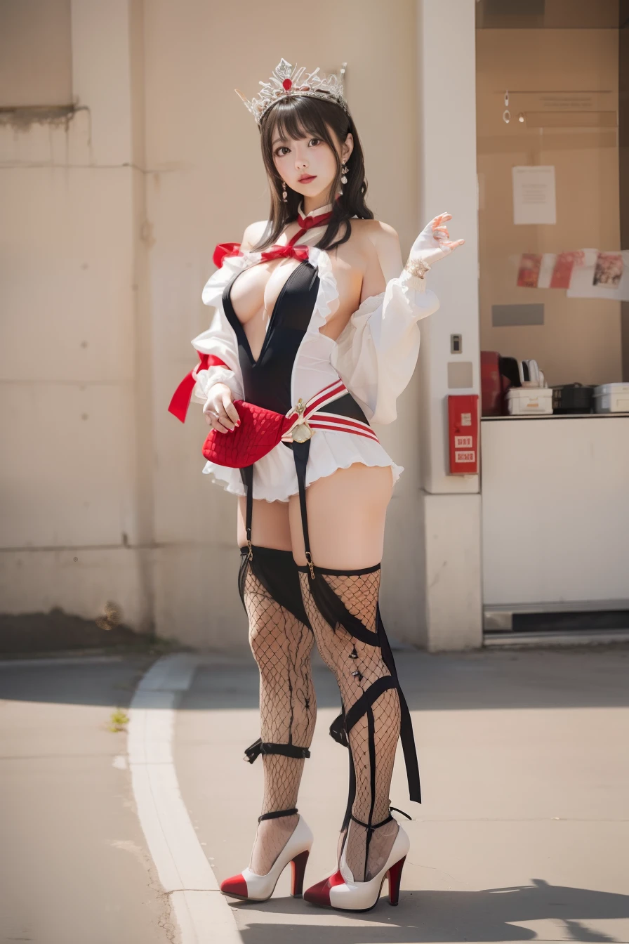 Queen in red and white dress、large full breasts、beautiful foot、Black wavy hair、、Good Style、、Honeycomb tights、high-heels