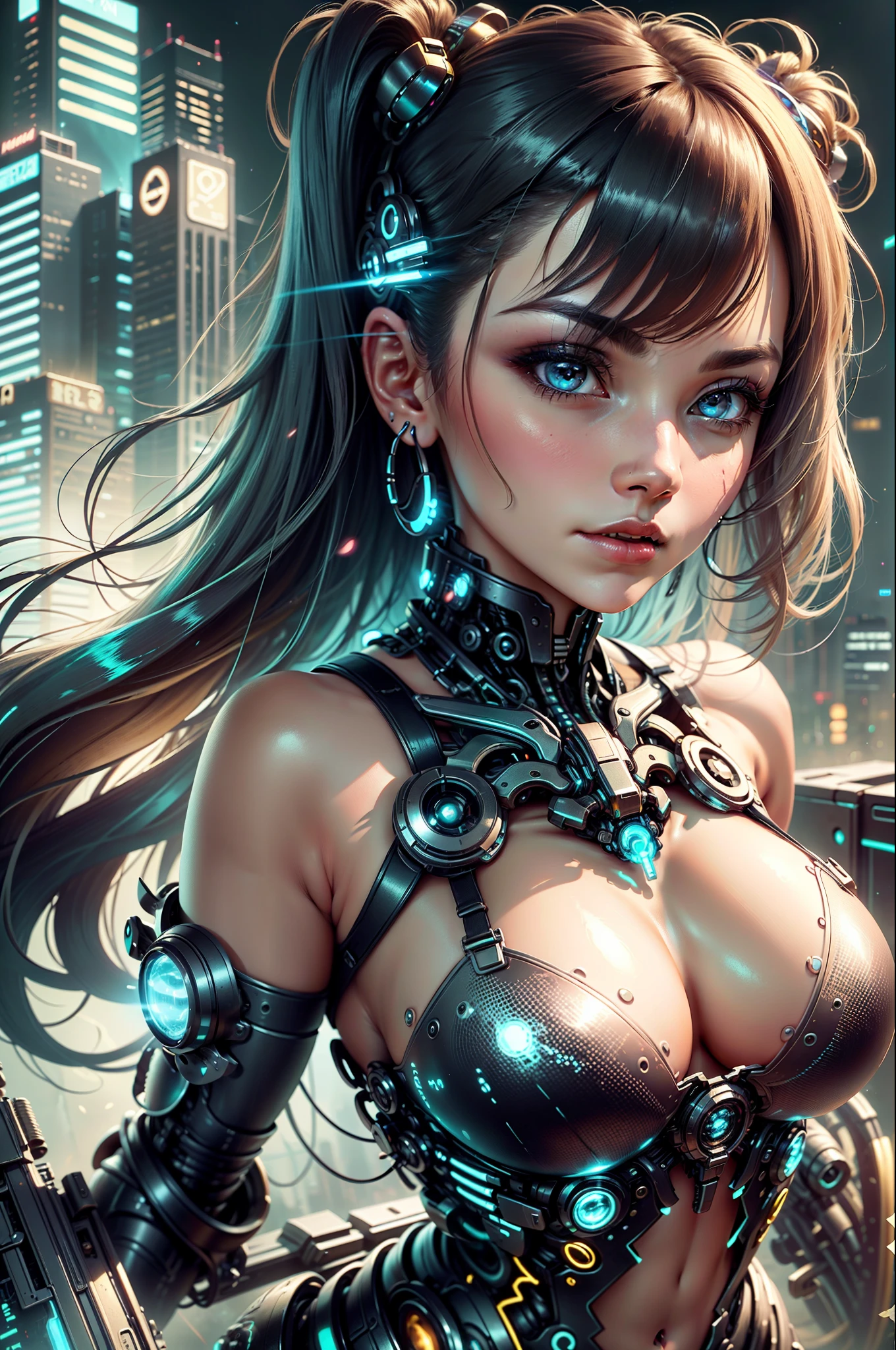 In a futuristic metropolis, amidst towering skyscrapers and neon-lit streets, a beautiful buxom ager emerges. She exudes an air of confidence, sporting sleek cybernetic enhancements that seamlessly merge with her flawless human form. Her luminous metallic outfit glistens under vibrant city lights, emphasizing her alluring figure. As she gazes into the distance, her piercing gaze hints at a hidden power within. --auto --s2