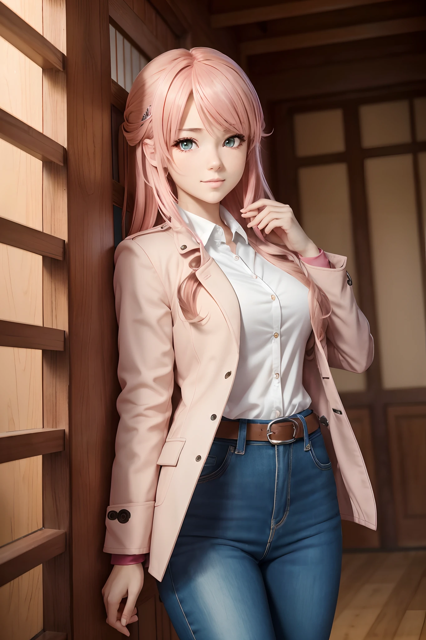 (8k, 4k, high resolution,masterpiece, best quality:1.3, anime style), 1girl, nice hands, cowboy shot, upper body, flirting, 18yo, beautiful hips, pink hair, straight hair, party hair, hazel eyes, front layers hairstyle, thick thigh, pink eyes, ((sharp focus)), wearing coat and pants, in school, teaching