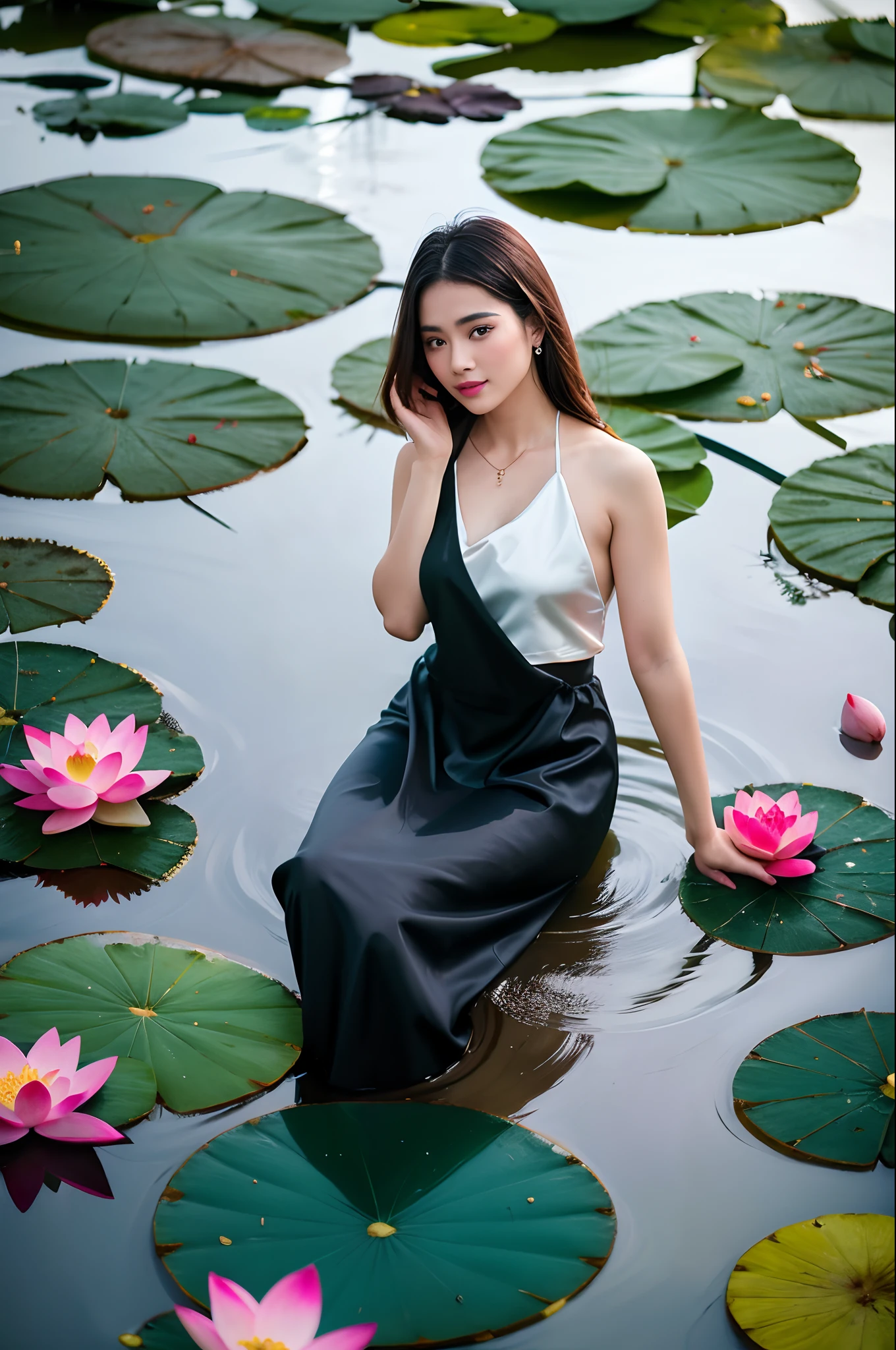 aoyem, (brown shirt), The woman's beauty can be enhanced by the reflection of the lotus flowers in the water. The vibrant colors of the lotus flowers can also add to the beauty of the scene, creating a harmonious blend of colors, RAW photo,(high detailed skin:1.2), 8k uhd, dslr, soft lighting, high quality, film grain, photorealistic, photo art, flower, a stunning photo with beautiful saturation, ultra high res,(realistic:1.4)),deep shadow,(best quality, masterpiece), pale skin, dimly lit, shade, flustered, blush, highly detailed, skinny, BREAK depth of field, film grain, wrinkled skin, looking at viewer, knee, warm smile, masterpiece,ultra realistic,32k,extremely detailed CG unity 8k wallpaper, best quality
<lora:aoyem_SDLife_chiasedamme_v01:0.82> <lora:add_detail:0.2> <lora:more_details:0.2>