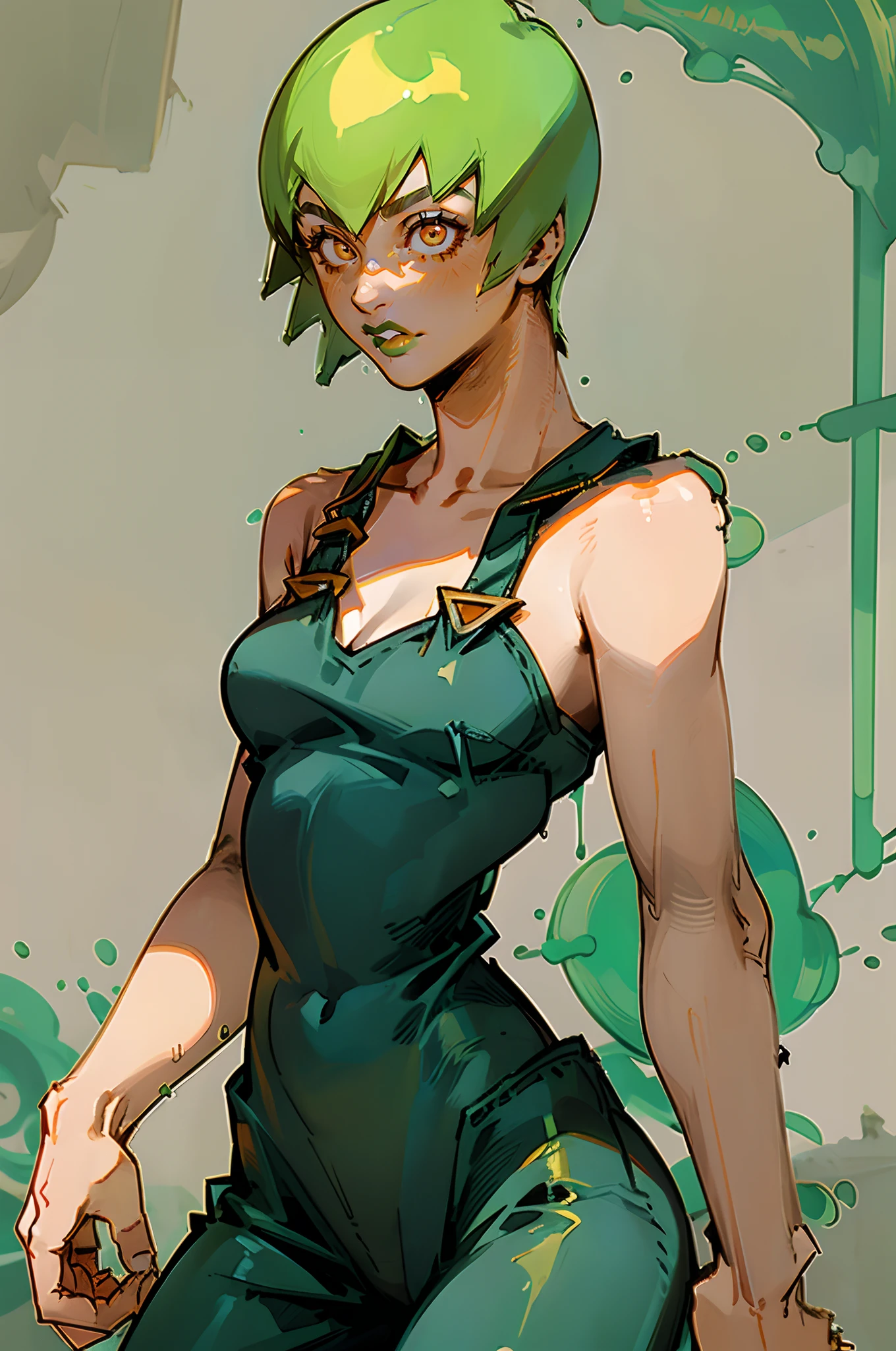 Foo Fighters, 1girl, solo, short hair, cowboy shot, green hair, orange eyes, overalls, (green lipstick), full lips, medium breasts