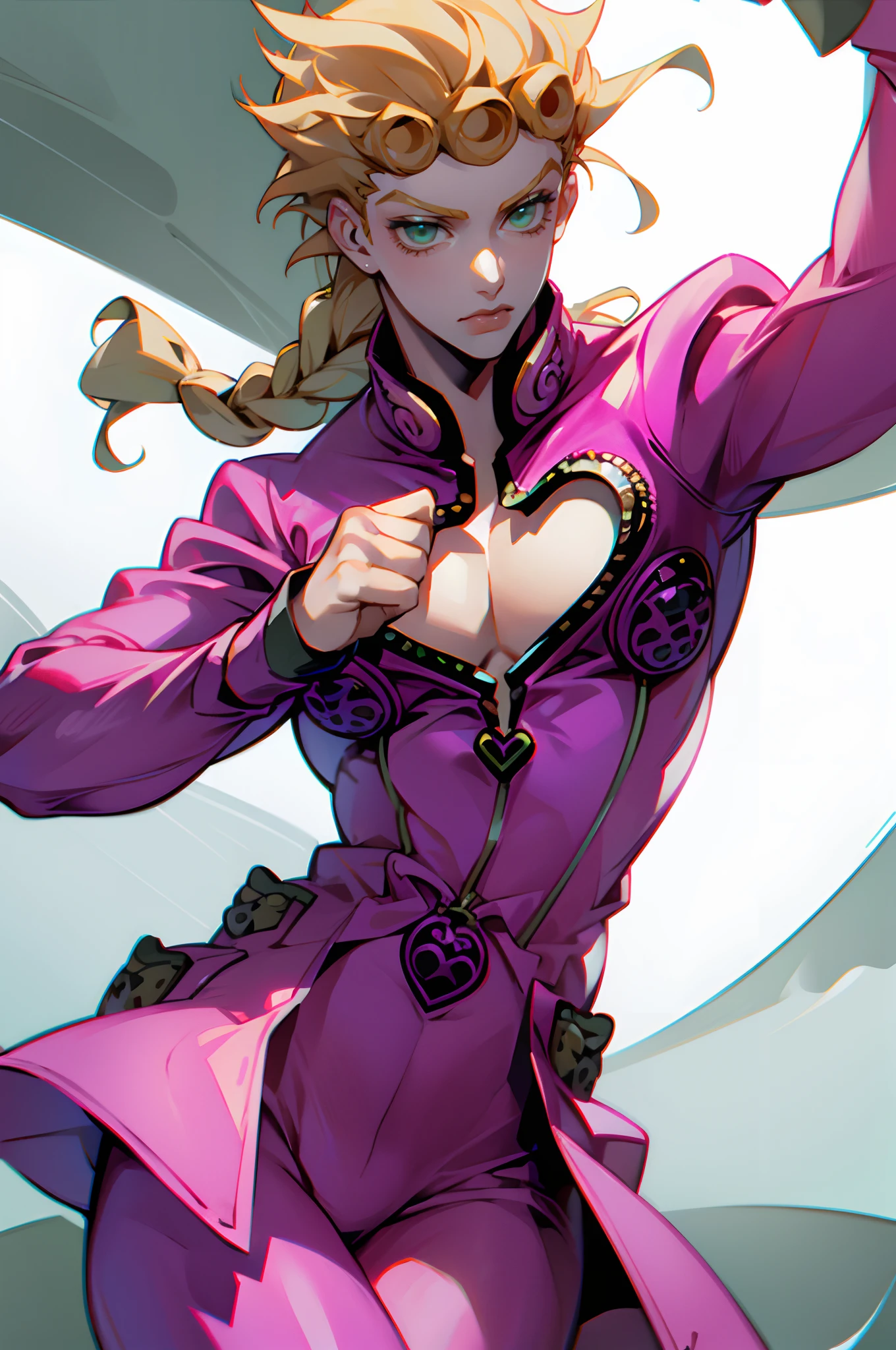 Giorno Giovanna, solo, green eyes, blonde hair, 1boy, braid, male focus, clothing cutout, cleavage cutout, pectorals, pink suit, cowboy shot