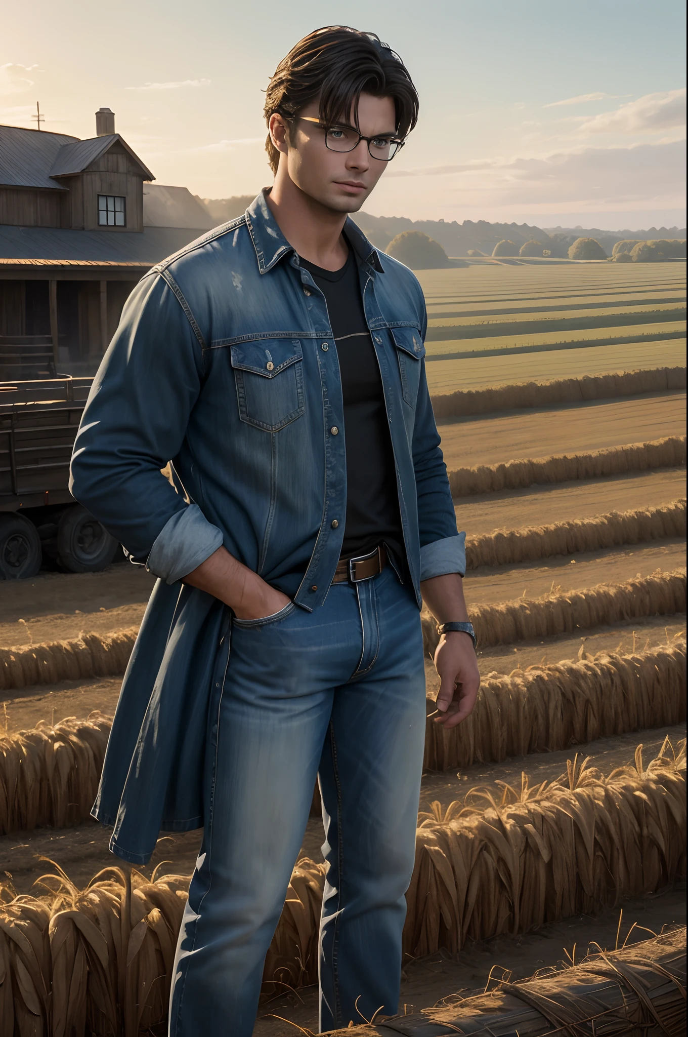 (Sci-fi fantasy), (Masterpiece), (professional oil painting) (best quality), (8k resolution), Smallville, Tom Welling, Clark Kent, handsome guy, Lana Lang, Louis, lex Luther, corns fields, Kansas, Chloe Sullivan, Lois Lane, simple farm dress, shirt, denim