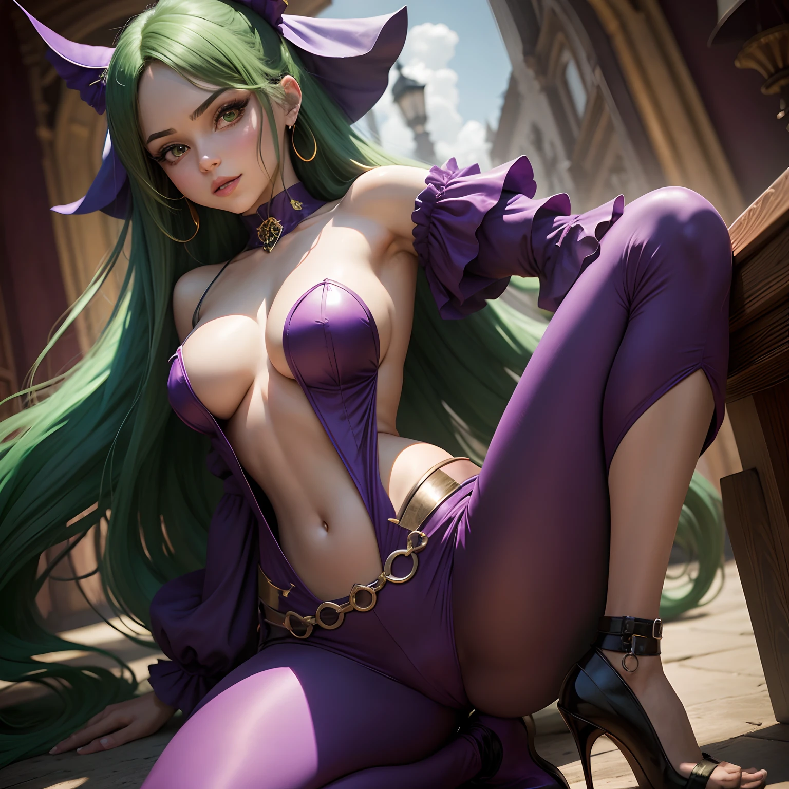1girl, Cabello largo verde esmeralda, ojos rojos, piel morena oscura, Elegant royal purple blouse, pantalones negros, tacones de aguja, high resolusion, ultrasharp, 8k, obra maestra, mirando al espectador, sonrisa burlona, towering over the viewer, cuerpo completo, exuberante, Darkstalkers, dominadora,