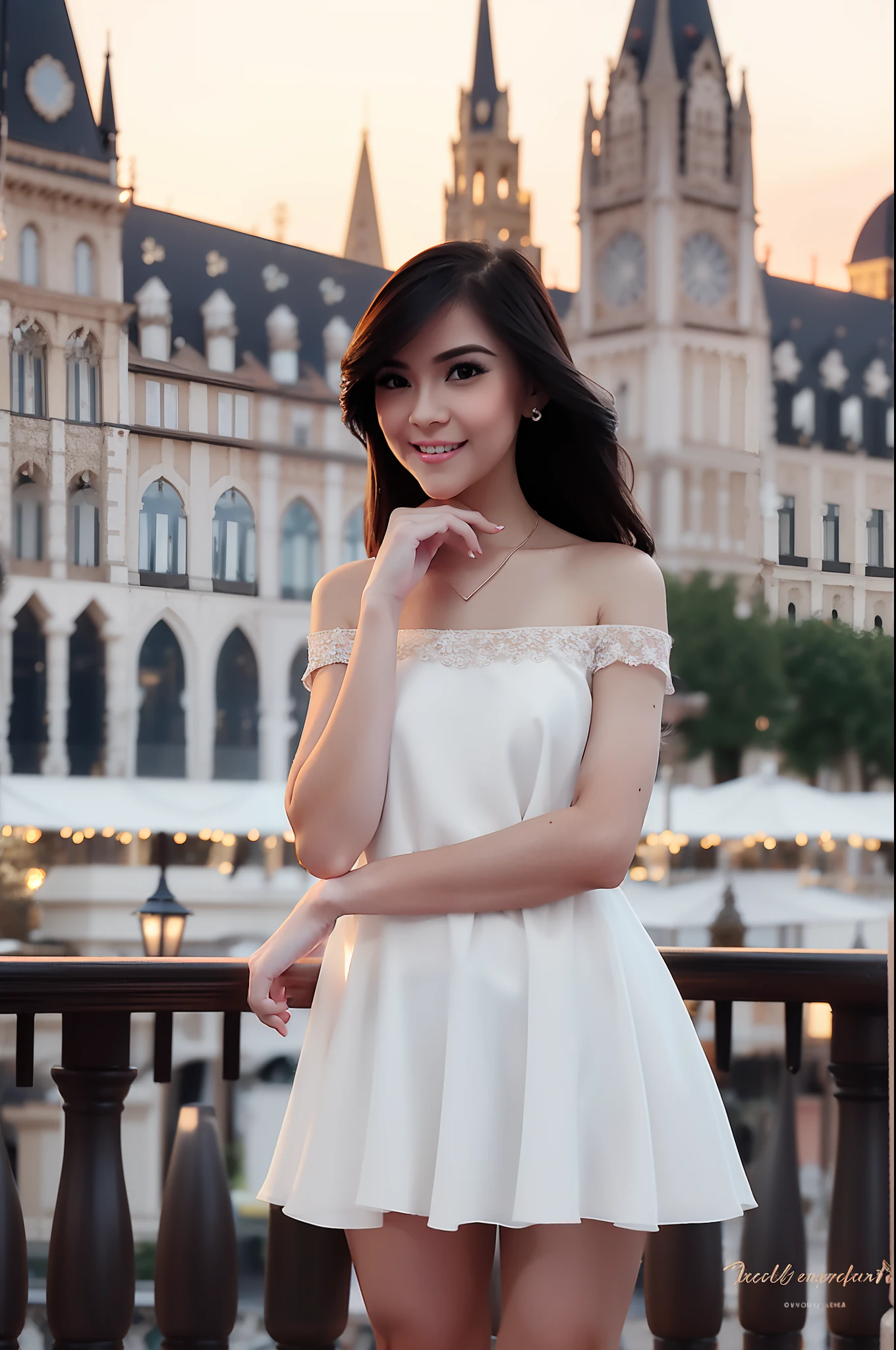 Female, 25 years old, Wearing a transparent dress off shoulder, style feminine, Standing in the town square, outdoor, wearing earrings, long black hair, full body, close up, shy expression, sweet smile, Sunset, red polish nails, beautiful face, high quality, photorealistic, masterpiece