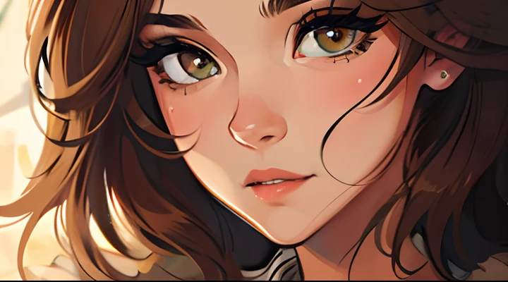 Uma bela mulher de olhos verdes e cabelos castanhos longo ondulado (brown hair) (Detailed strokes) Princess Eyelashes Eyes