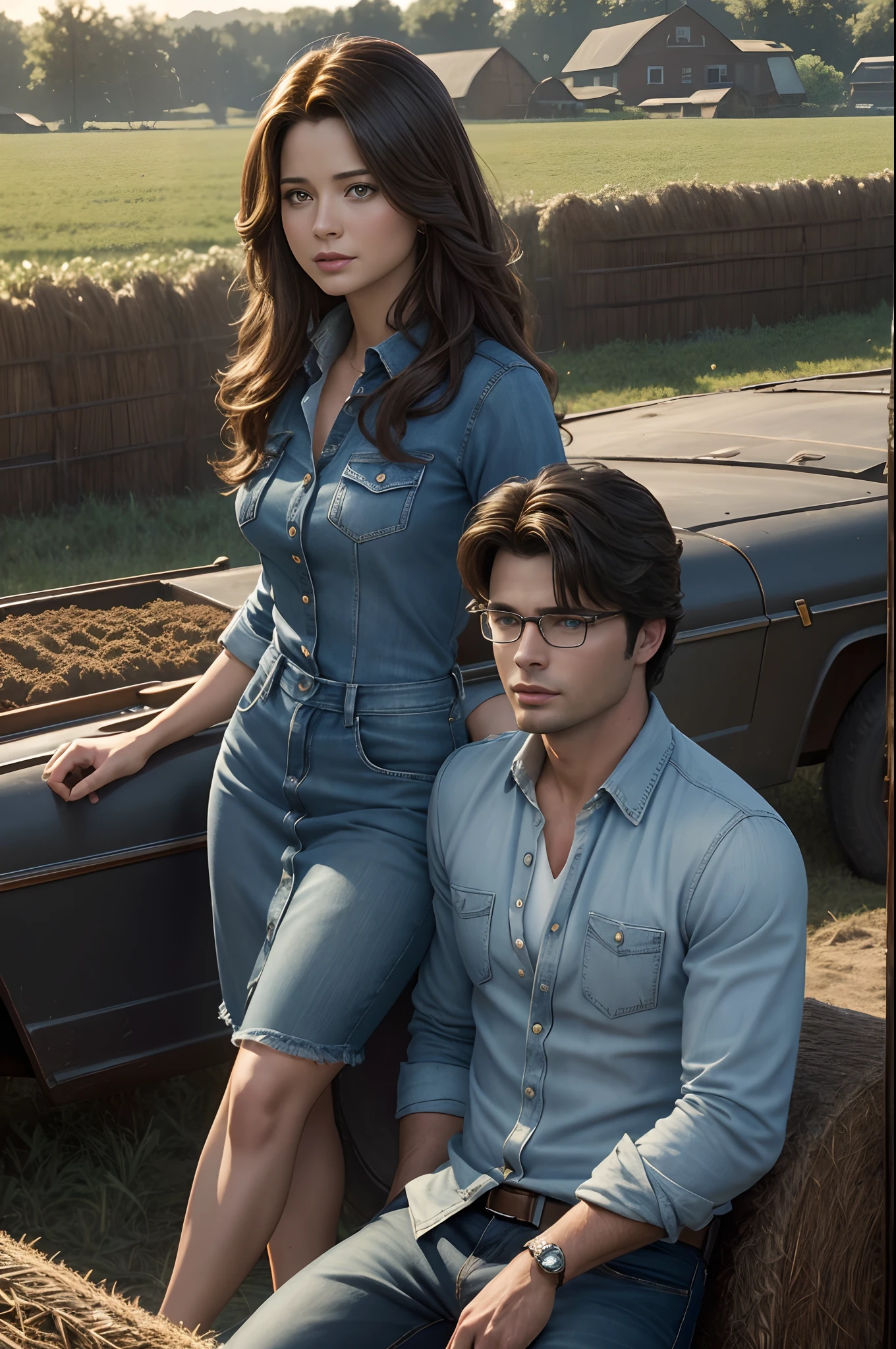 (Sci-fi fantasy), (Masterpiece), (professional oil painting) (best quality), (8k resolution), Smallville, Tom Welling, Clark Kent and Lana lang, handsome guy, Lana Lang, beautiful girl, Louis Lane, lex Luther, corns fields, Kansas, Chloe Sullivan,  simple farm dress, shirt, denim, love story