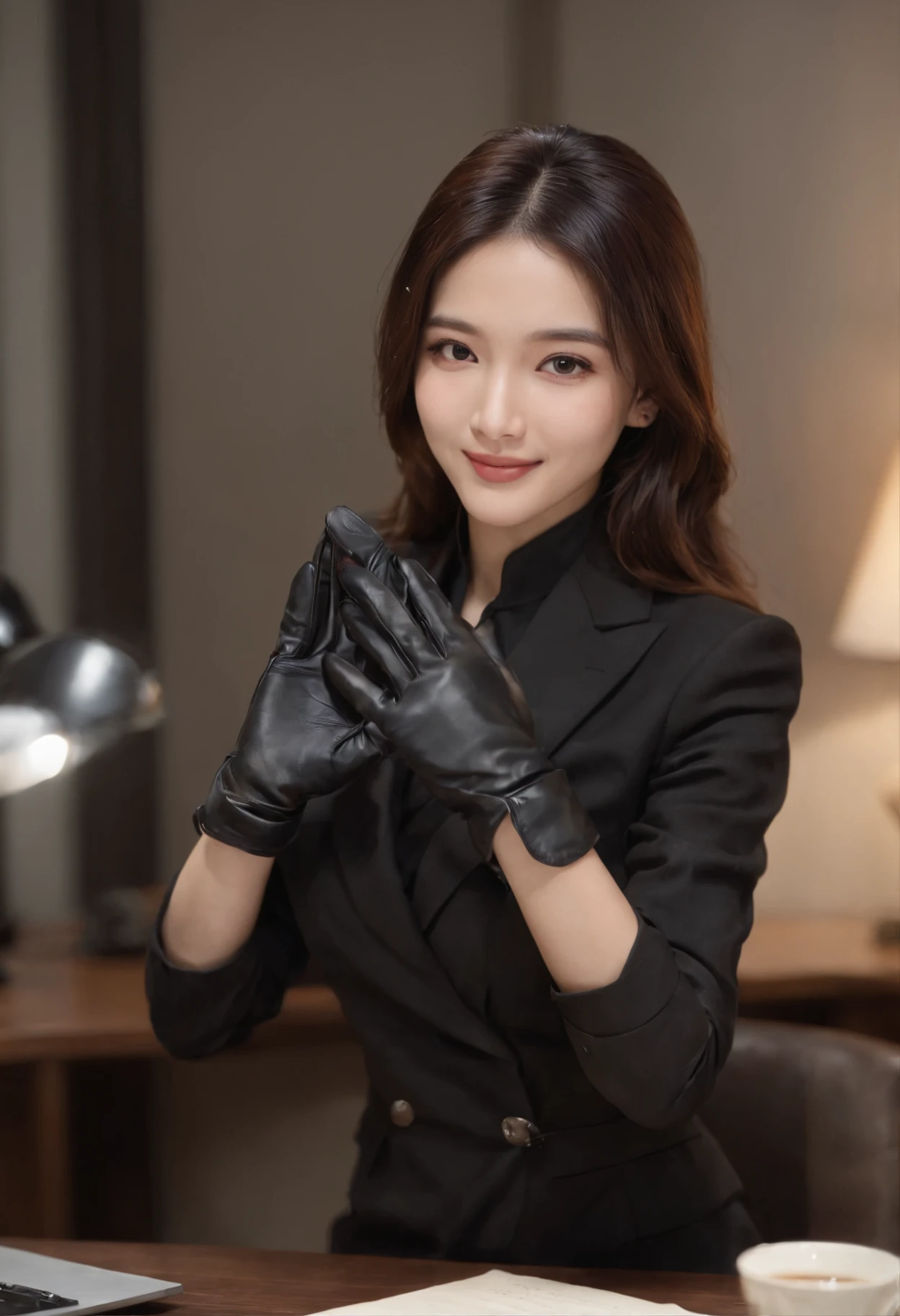 Wearing black leather gloves on both hands, Upper body, Black business suit, Facing the desk in my room with a computer in the dark, Look down and smile, Use a fountain pen to write a letter, Black hair was tied back for a long time, Still young and very cute Japan female new employee (Black leather gloves cover both hands)Gentle smile looking at the camera、Black leather gloves to do the job