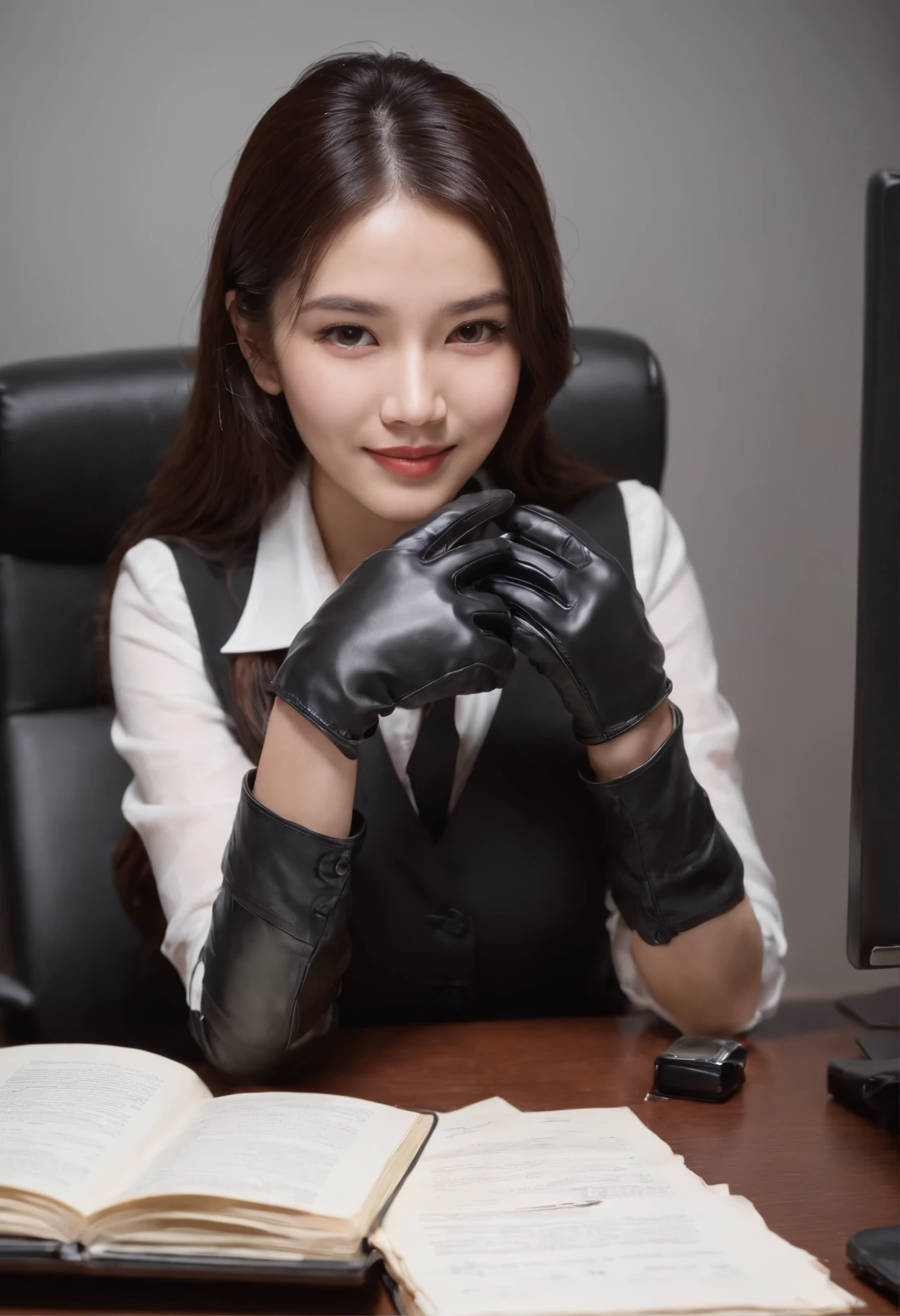 Wearing black leather gloves on both hands, Upper body, Black business suit, Facing the desk in my room with a computer in the dark, Look down and smile, Use a fountain pen to write a letter, Black hair was tied back for a long time, Still young and very cute Japan female new employee (Black leather gloves cover both hands)Gentle smile looking at the camera、Black leather gloves to do the job