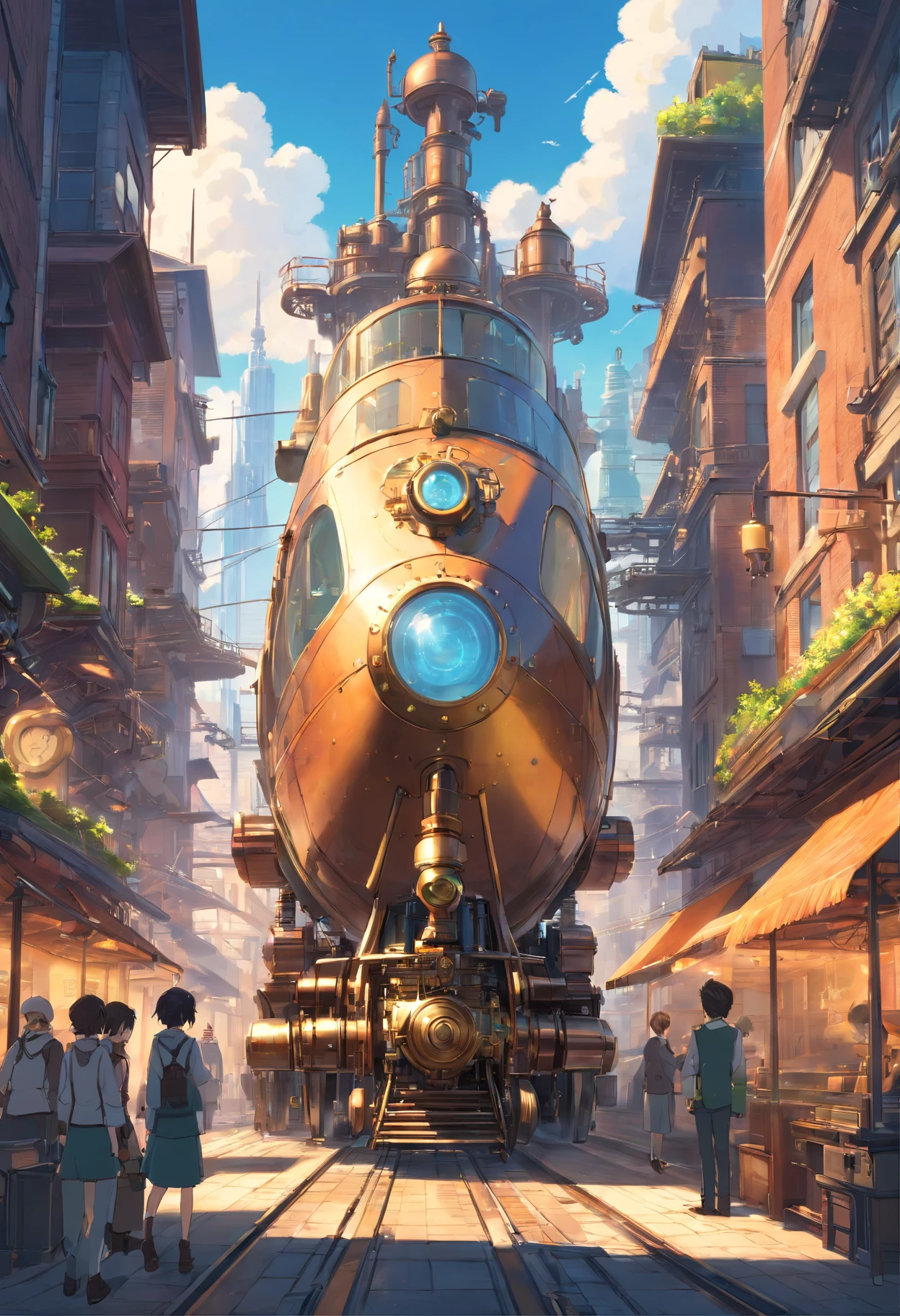 Street view of a mesmerizing hybrid world that blends the elements of steelpunk and steampunk aesthetics. The scene unveils a captivating realm where futuristic technology and Victorian-era machinery coexist in perfect harmony. The landscape is adorned with towering skyscrapers constructed of gleaming bronze and steel, their imposing structures reaching towards the heavens. Intricate gears, cogs, and steam-powered contraptions adorn the cityscape, revealing the intricate craftsmanship of the steampunk era