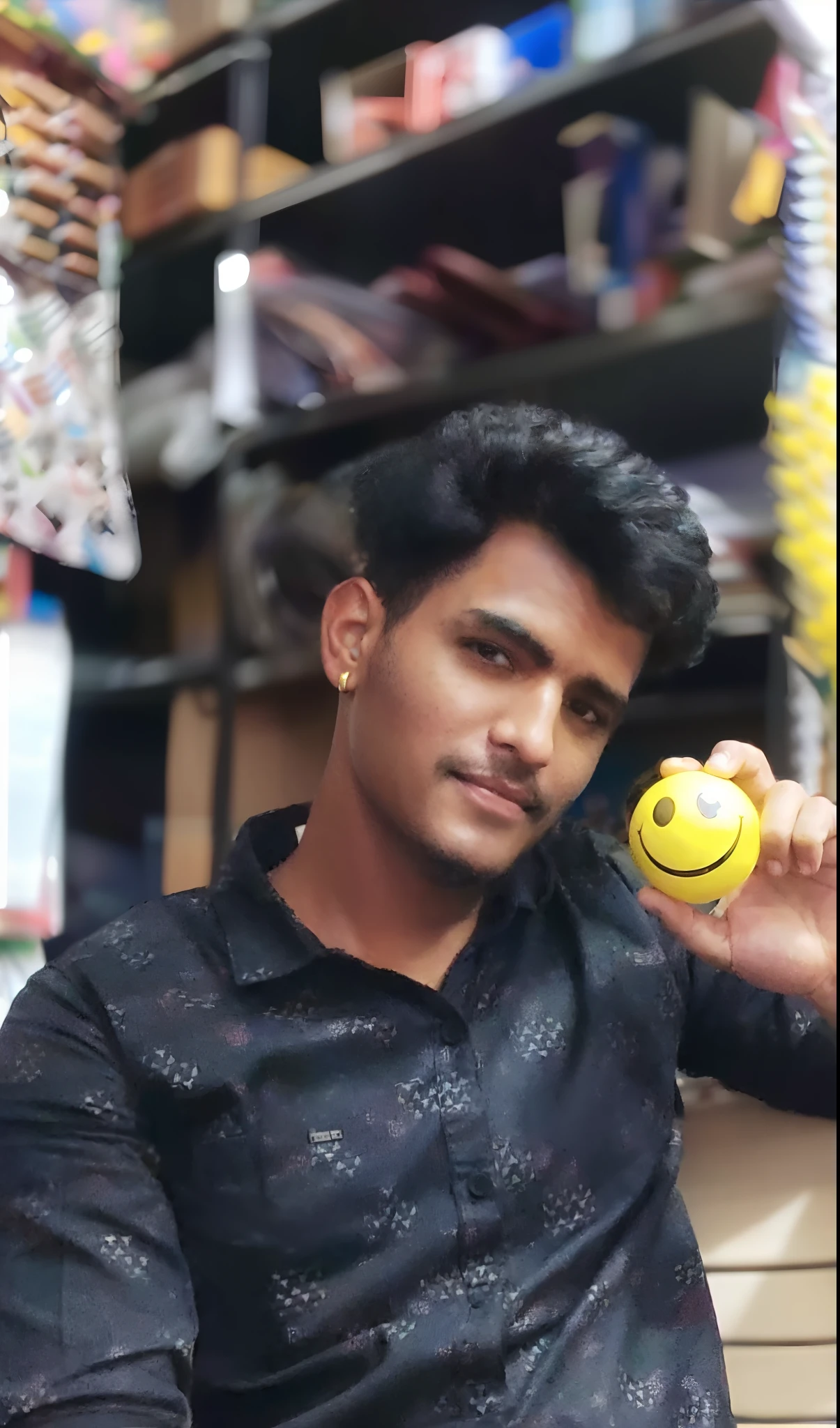 there is a man sitting in a chair holding a smiley face ball, jayison devadas, with accurate face, profile pic, jayison devadas style, ayan nag, candid picture, with a happy expression, with funny feeling, with a beautifull smile, friedly smile, with kind face, smiley profile, profile picture, vinayak, very very low quality picture
