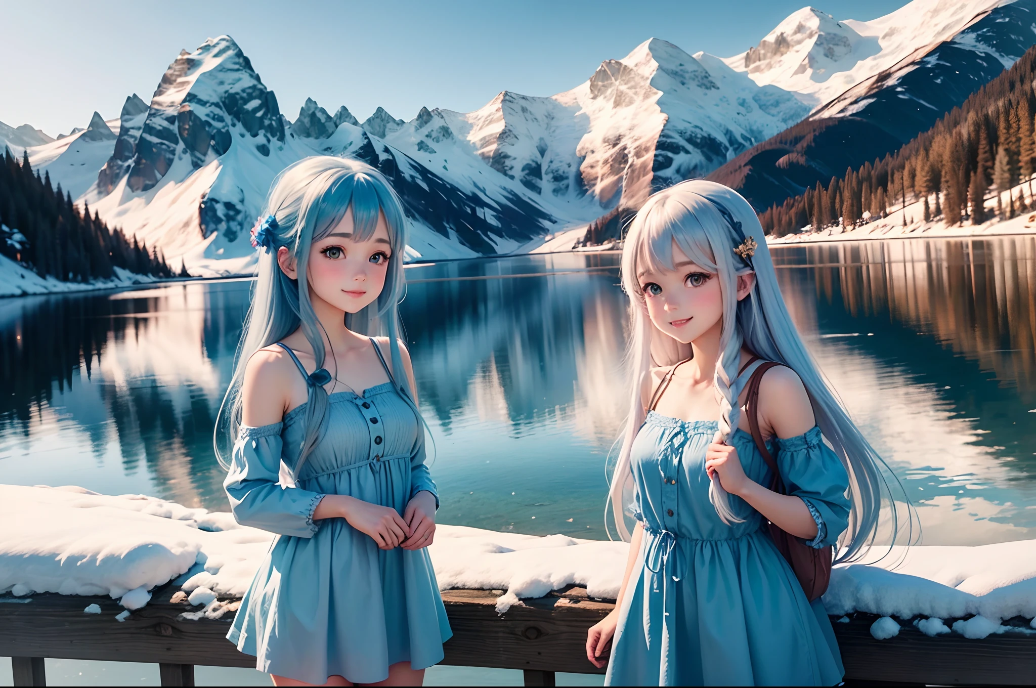 Lake with snowy mountains　evening　Beautiful girl standing by the lake　Light blue long hair　Twin-tailed　Bright dresses　A charming smile　Face Highlights