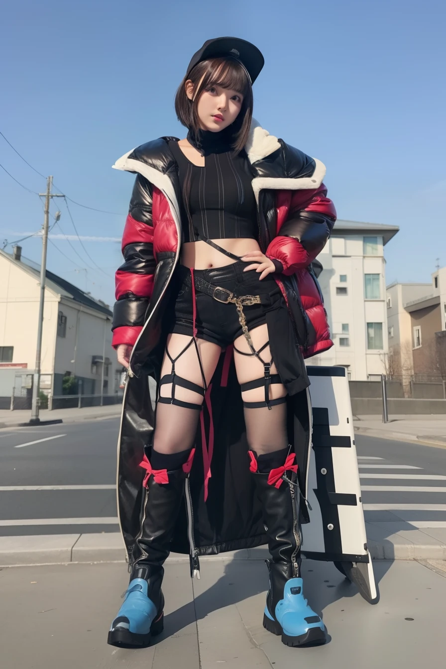 infp young woman、Good Style、short-cut、Black  shorts、Blue jacket、Idol face、large full breasts、、long boots、fishnet tights、Black tops with a spider web pattern