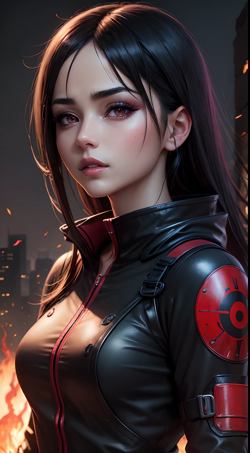 Uchiha Itachi delicate upper body Sharingan, anime girl, uchiha, high-quality, 8k, ruins background, burning ruins background, fire everywhere background, Akatsuki tight suit, Akatsuki symbol, black hair , 8k, realistic, ultra quality, beatiful girl, Stern anime girl, (Highest Quality, Amazing Details:1.25), cinematic lighting, unique, high-quality, ultra detailed eyes, ultra detailed face, ultra detailed lips, ultra detailed lipstick, ultra detailed makeup, 18 years girl,