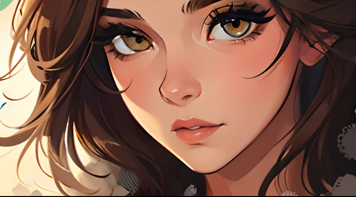 Uma bela mulher de olhos verdes e cabelos castanhos longo ondulado (brown hair) (Detailed strokes) Princess Eyelashes Eyes