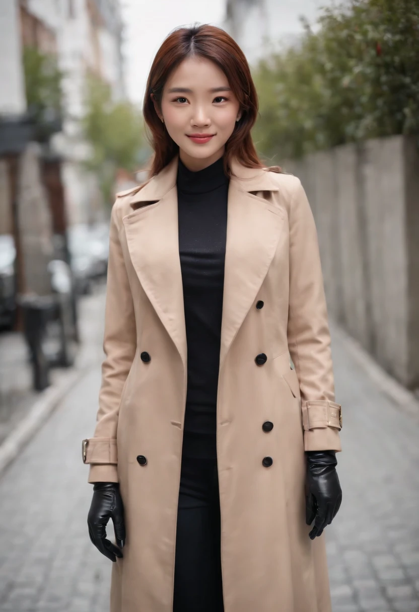 trench coat　Blazer underneath　Black leather gloves　The upper part of the body　Japan smiling girls