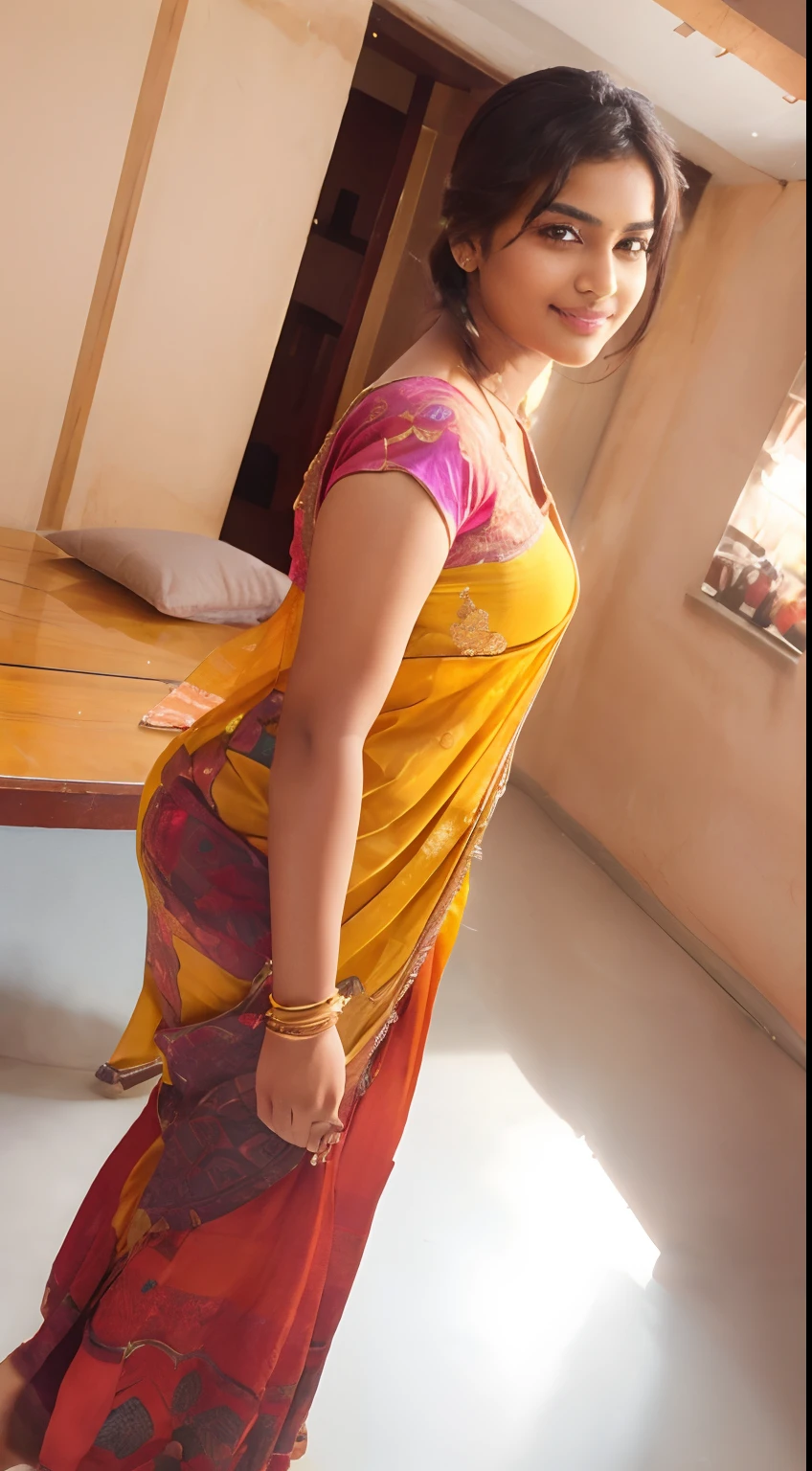 beautiful indian woman, detailed sari,
black long hair, perfect face, beautiful face, alluring, big gorgeous eyes, happy, chubby fit body,
(indoor), balcony, bright colors,