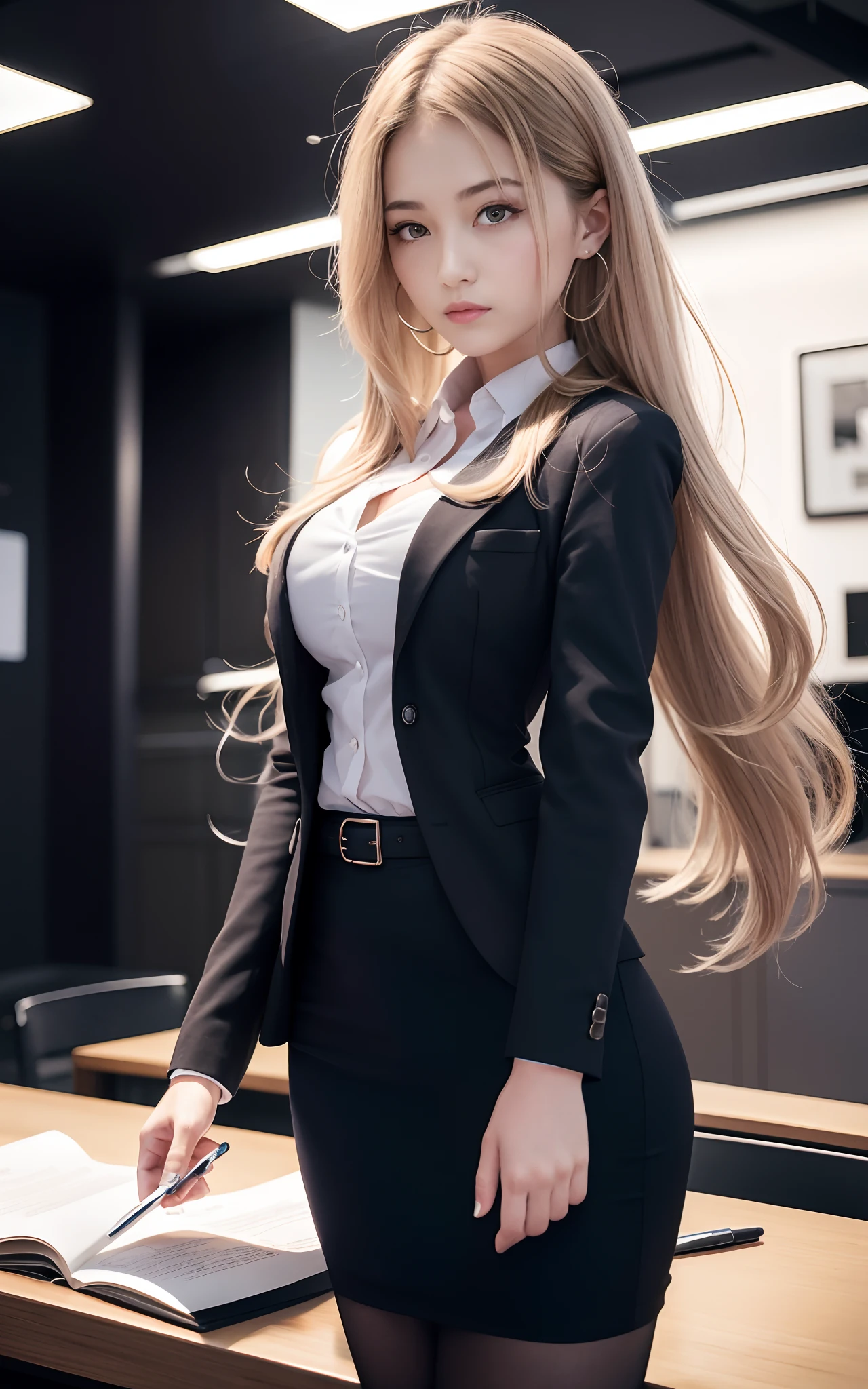 masterpiece, high quality, beautiful girl, waist shot, shirt, pencil skirt suit