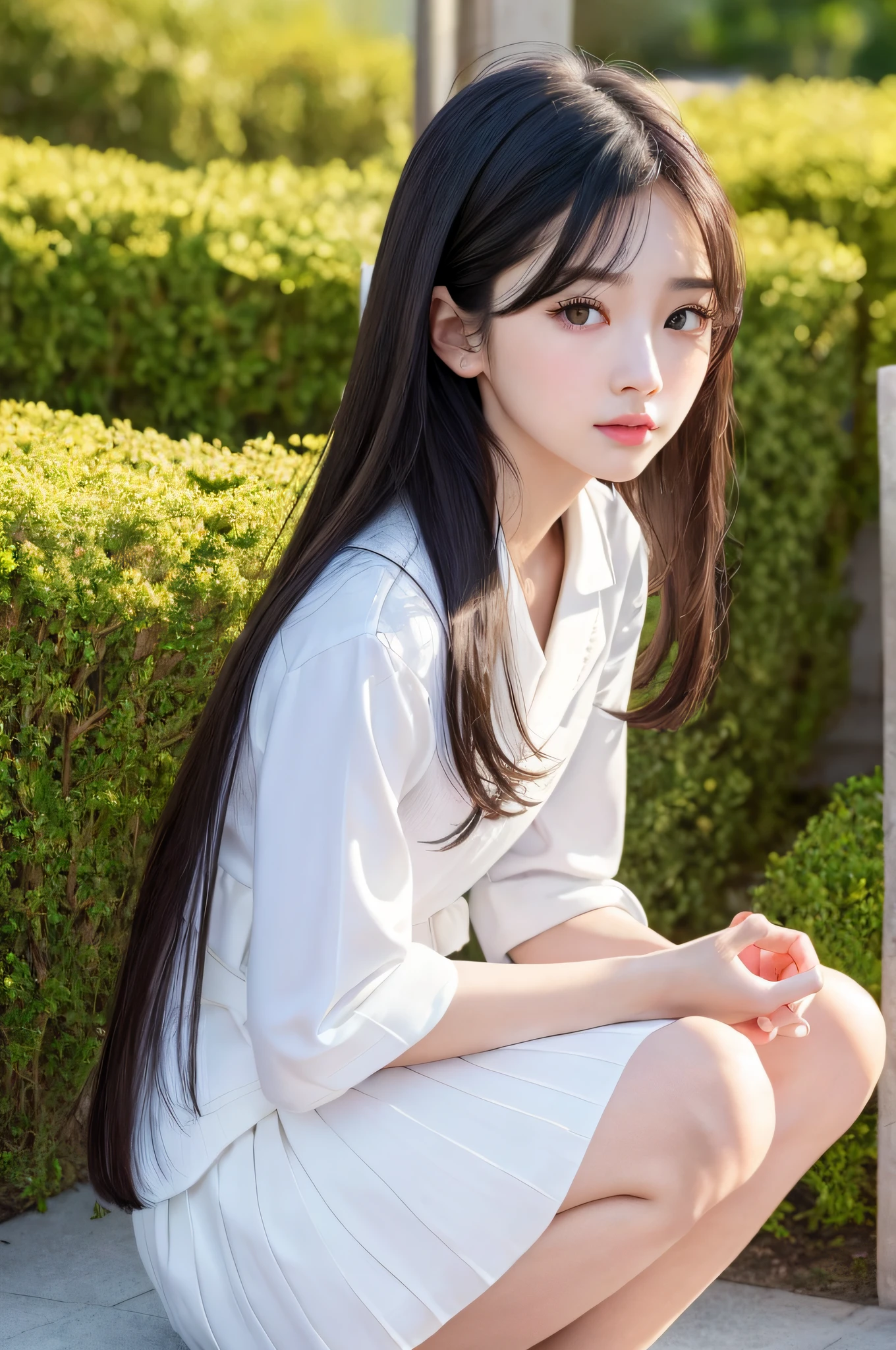 (Highly Detailed CG Unity 8k Wallpaper), (Masterpiece), (Best Quality), (Super Detailed), (Best Illustration), (Best Shadows), (Photorealistic: 1.5), (PureErosFace_V1: 0.5 ), real human skin, lens flare, shade, backlight, flower, depth of field, natural light, hard focus, film grain, staring at viewer, one girl, 21 years old, solo, skinny, pale skin, soft nice lips, (light eyebrows: 1.4), shiny brown eyes, black very long straight hair, small chest, beautiful detailed sky, detailed west garden (crowd: 1.2), sunshine, (nose blushed), beautiful detailed eyes, white Japanese school uniform, sailor suit, dark red pleated skirt, sneakers