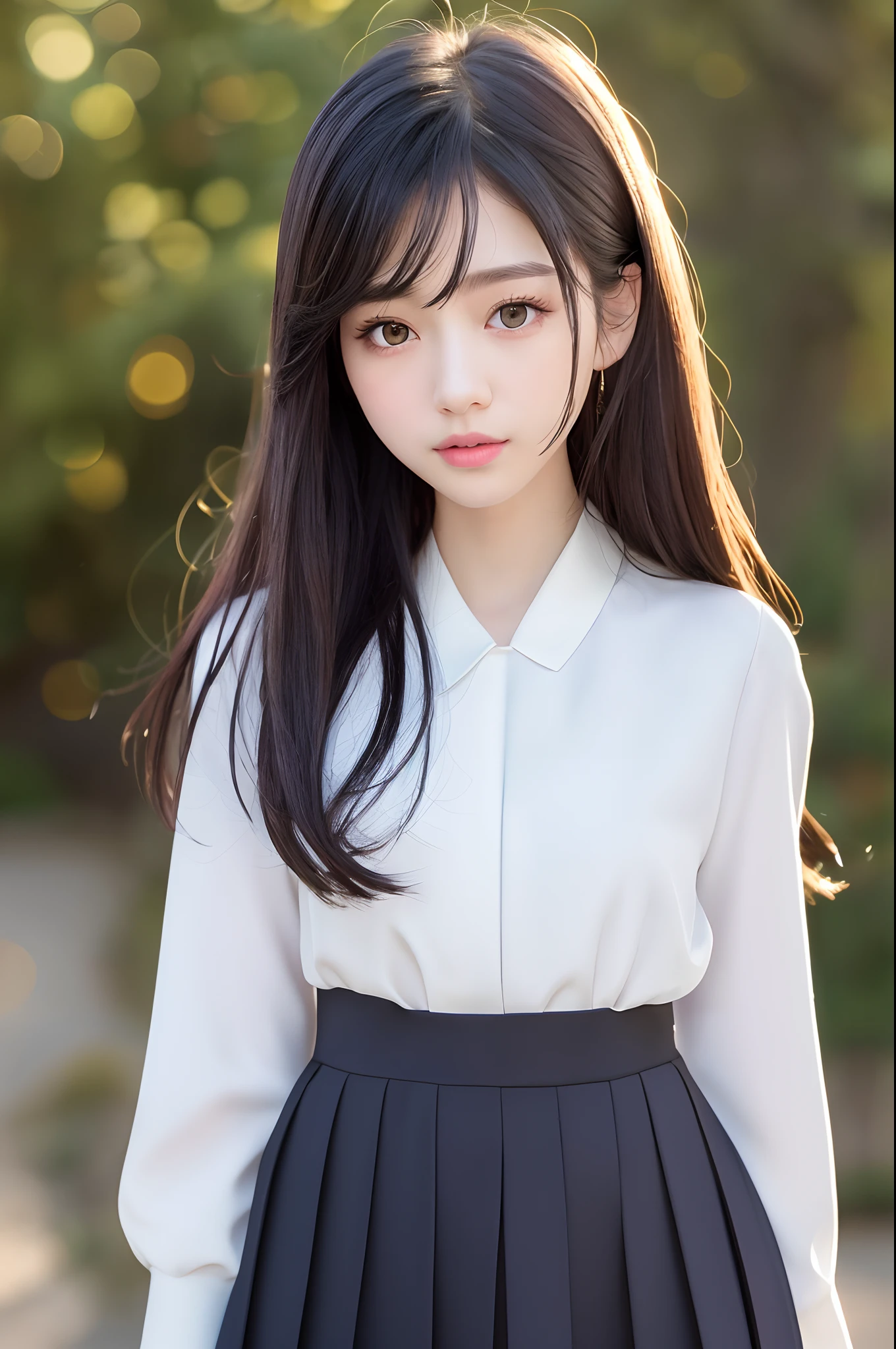 (Highly Detailed CG Unity 8k Wallpaper), (Masterpiece), (Best Quality), (Super Detailed), (Best Illustration), (Best Shadows), (Photorealistic: 1.5), (PureErosFace_V1: 0.5 ), real human skin, lens flare, shade, backlight, flower, depth of field, natural light, hard focus, film grain, staring at viewer, one girl, 21 years old, solo, skinny, pale skin, soft nice lips, (light eyebrows: 1.4), shiny brown eyes, black very long straight hair, small chest, beautiful detailed sky, detailed west garden (crowd: 1.2), sunshine, (nose blushed), beautiful detailed eyes, white Japanese school uniform, sailor suit, dark red pleated skirt, sneakers