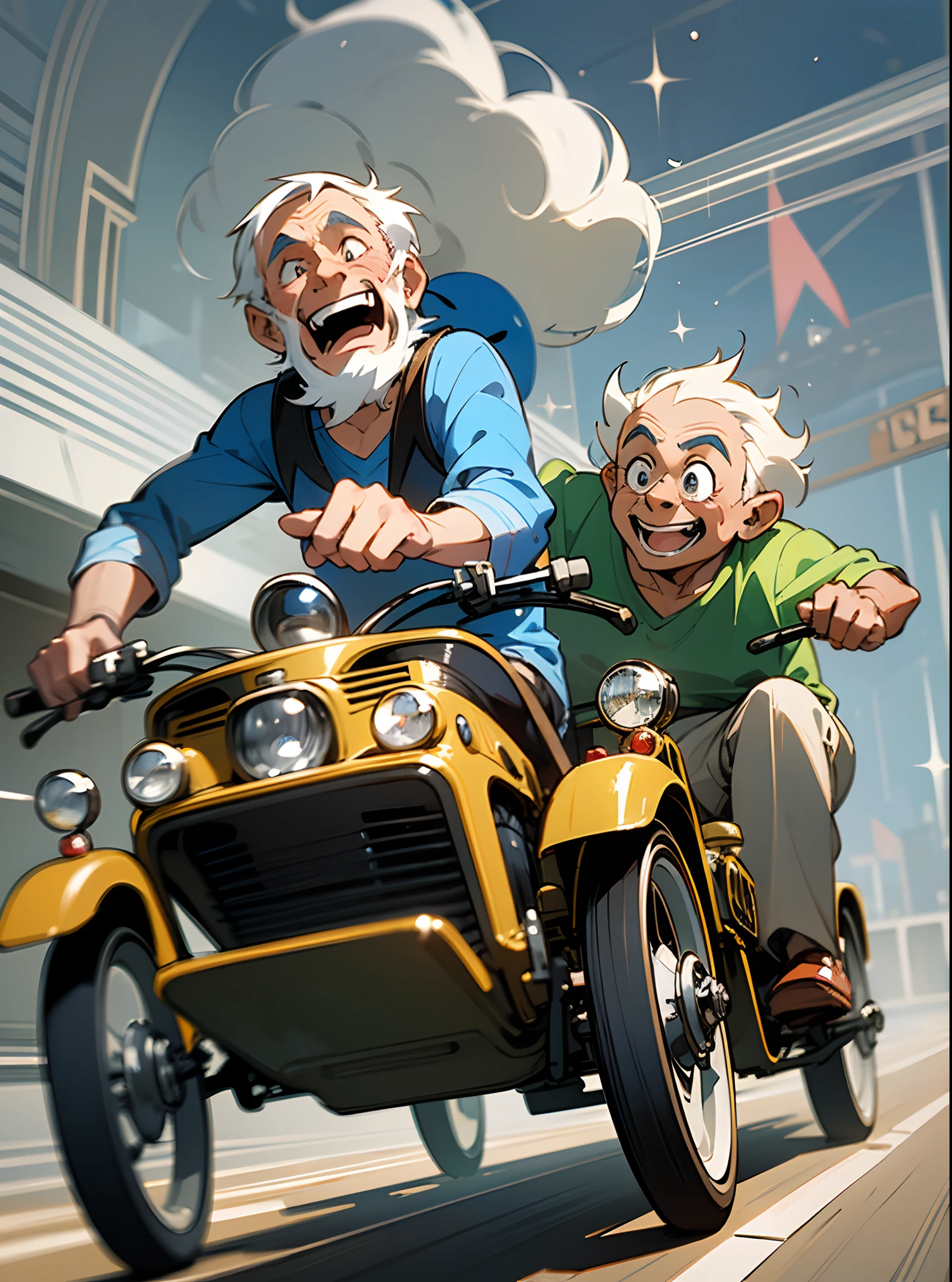 Time machine in the style of Disney Pixar. a duo of funny elderly inventors racing against time to fix a time gap. They laugh widely. Close-up. Blurred background in fast motion. Light haze. fog. --auto --s2