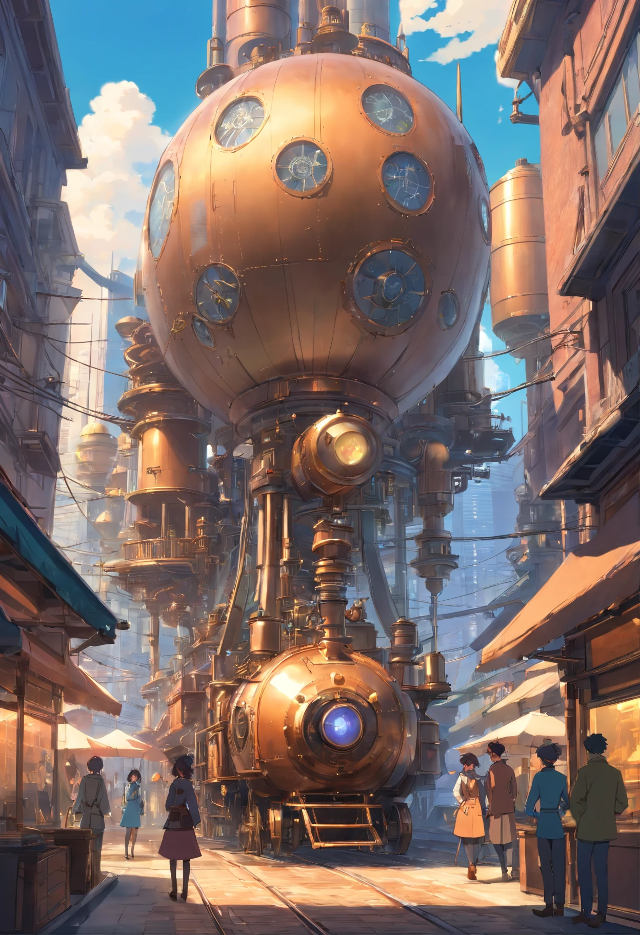 Street view of a mesmerizing hybrid world that blends the elements of steampunk and steelpunk aesthetics. The scene unveils a captivating realm where futuristic technology and Victorian-era machinery coexist in perfect harmony. The landscape is adorned with towering skyscrapers constructed of gleaming bronze and steel, their imposing structures reaching towards the heavens. Intricate gears, cogs, and steam-powered contraptions adorn the cityscape, revealing the intricate craftsmanship of the steampunk era