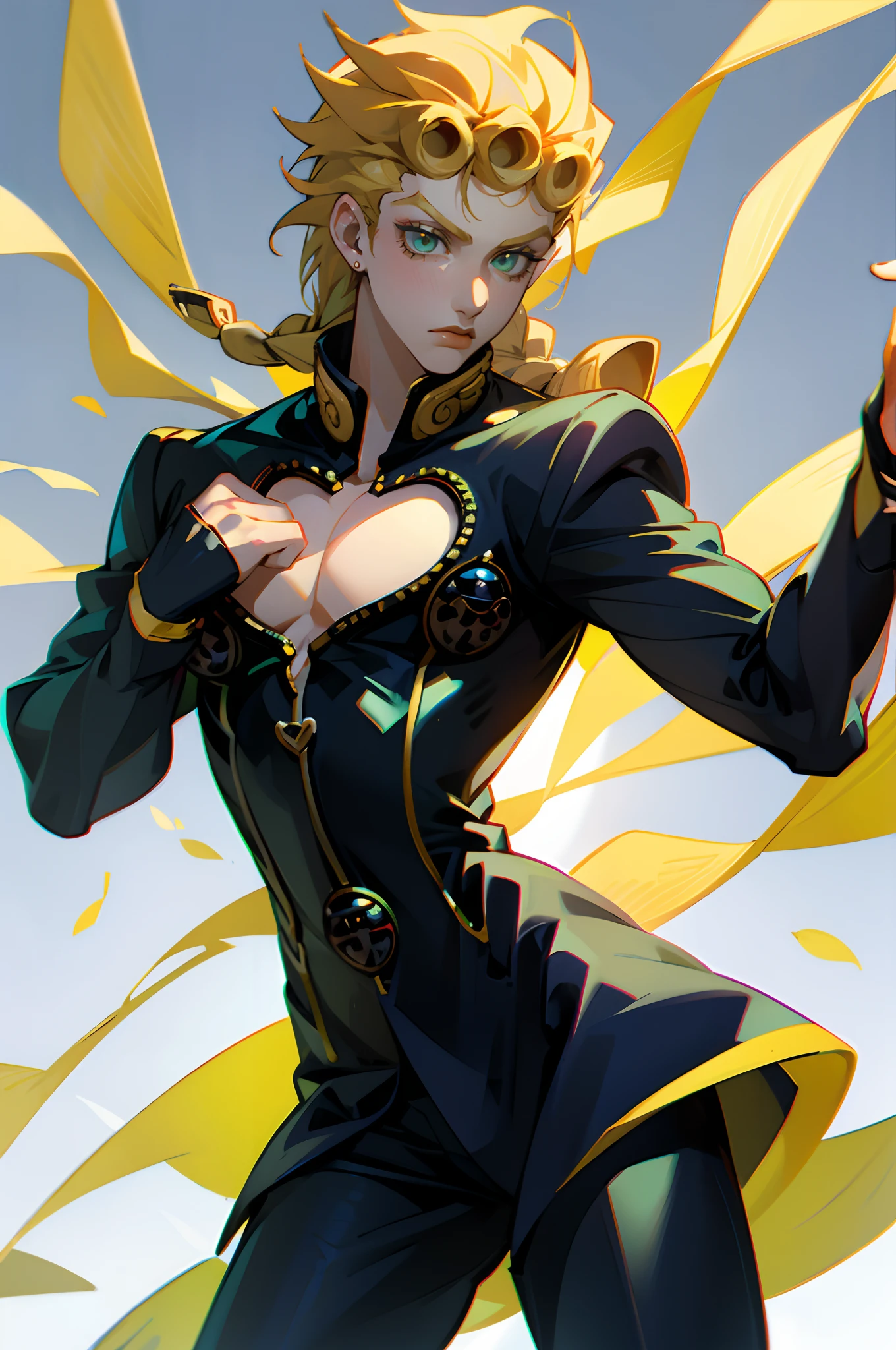 Giorno Giovanna, solo, green eyes, blonde hair, 1boy, long hair, long braid, male focus, clothing cutout, cleavage cutout, pectorals, black suit, cowboy shot