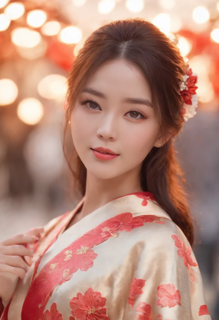 (((top quality, 8k, masterpiece))), crisp focus, (beautiful woman with perfect figure), slender, (hairstyle: up)), ((kimono: Kara)), street: 1.2 Highly detailed face and skin texture Detailed eyes Double eyelids random posture, (smile),super cute Japan person,super beauty Japanese girl, realistic face, double eyelid,smile,summer festival , at sunset ,fire-works back-ground.