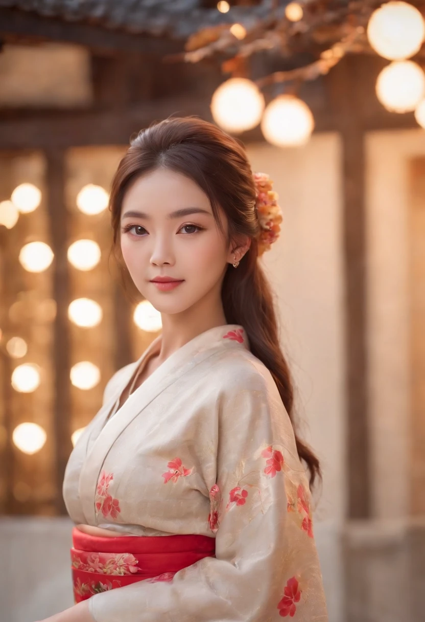 (((top quality, 8k, masterpiece))), crisp focus, (beautiful woman with perfect figure), slender, (hairstyle: up)), ((kimono: Kara)), street: 1.2 Highly detailed face and skin texture Detailed eyes Double eyelids random posture, (smile),super cute Japan person,super beauty Japanese girl, realistic face, double eyelid,smile,summer festival , at sunset ,fire-works back-ground.