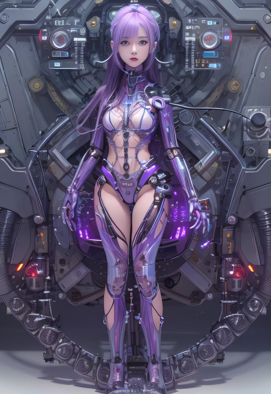 (((tmasterpiece)))), ((((HighestQuali)))), ((ultra-definition)), (Very detailed photo reality), ((((very fine and beautiful)), (Delicate and beautiful face), cinematric light, ((((1 robot girl)), 独奏, full bodyesbian,The sulcus is visible on the skin, whaite hair, Purple eye, glowing light eyes, (Mechanical joints: 1.4), (Mechanical limbs)), (Blood vessel attached to tube), ((The mechanical vertebrae are attached to the back)), ((The cervical spine of the machine)Attached to the neck)), ((sitted)),face expressionless,(Wires and cables are connected to the head and body:1.5),(Character focus),The background of the science fiction world,Or the background of the war,Small LED light on the body,Shin Evangelion,SF,Metal body,Detailed neon